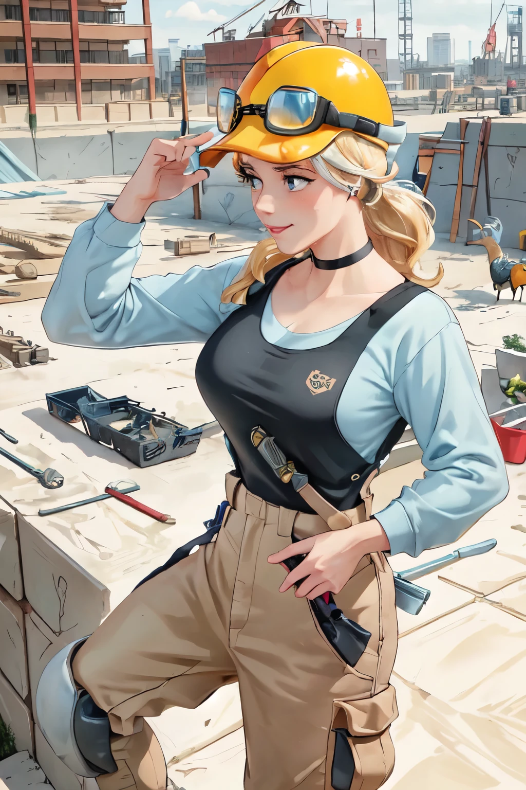 (masterpiece:1.2), (best quality), (ultra detailed), (8k, 4k, intricate),(highly detailed:1.2),(detailed face:1.2), (highly detailed background of construction site wth rebar and cranes),(portrait),detailed landscape,(action pose:1.2),Cinderella 1girl, solo, blonde hair, looking away from viewer, dress, blue eyes, black choker necklace, carpenter, woodworker, construction worker, contractor, pose in action, working pose, hammer, framing hammer, posed hammering a nail

Cinderella portrayed as a construction worker, she is hammering a nail into a lumber structure, dressed in carpenters attire, blue long sleeves, baggy cargo pants, suspenders, tools in pockets, safety goggles, work gloves, wearing a hardhat/safety helmet, durable work boots, knee pads, bandana, tattoos with mouse motif visble, sweating from brow, determined smirk, working on a construction site, tools and machinery are visble, curvy, beautiful 