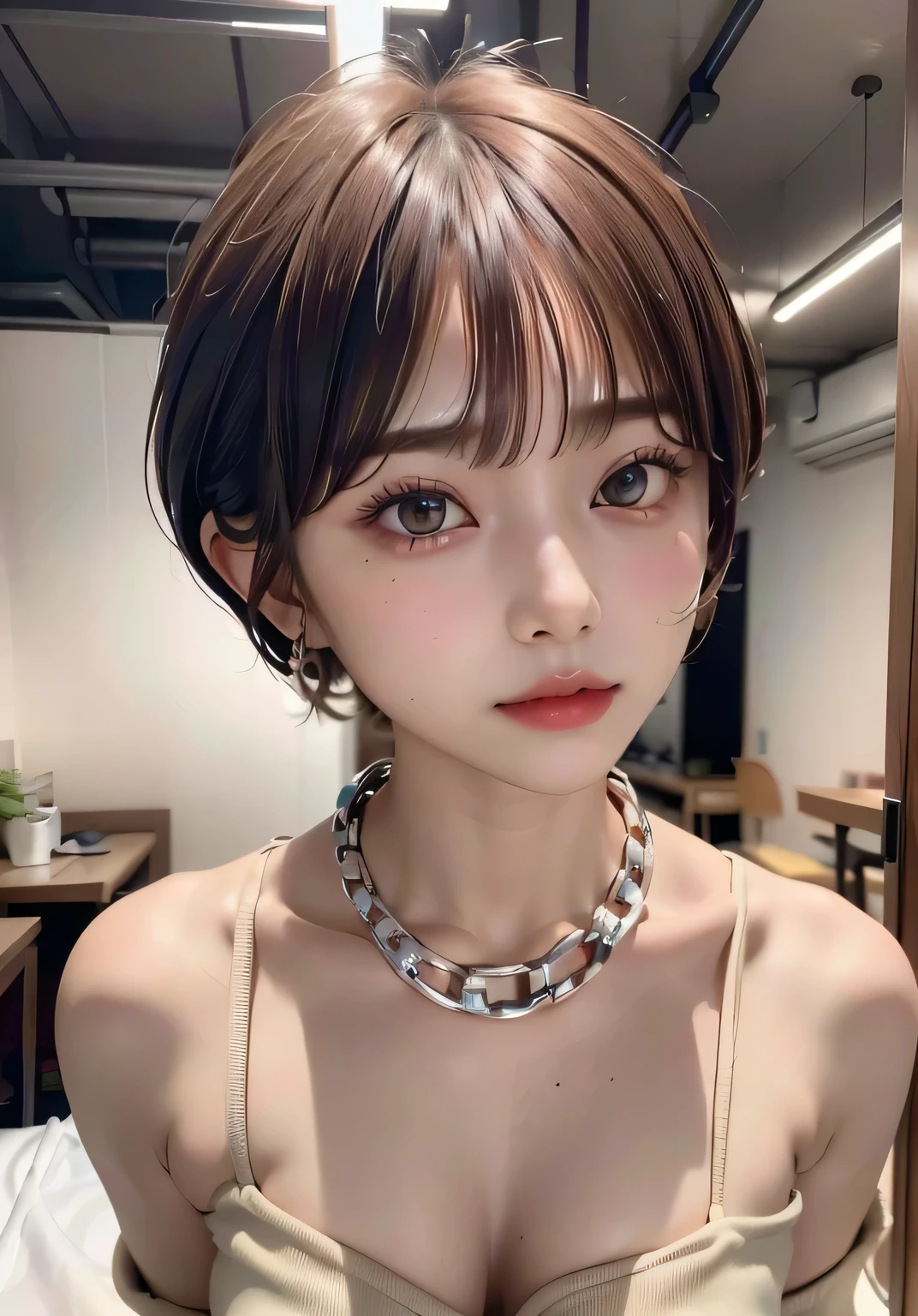 (highest quality:1.3)、(Masterpiece:1.4)、Raw photo、8K、((Best image quality))、 ((High resolution))、Beautiful face in every detail、Realistic human skin、Gentle expression、(One Woman:1.3)、Realistic、Photorealistic、((short hair))、(Beautiful woman)、(Cute Japanese Girl)、(I am your sex slave:1.4)、(boyish)、(mannish)、((Beautiful woman))、(Beautiful Hair)、((Dark brown hair))、(((Blushing)))、((Her eyes are big))、25 year old beauty、(Small face)、Small Head、((Long neck))、(very Thick chain collar:1.5)、The collar is attached to a chain、restrain with chains、Night Scene、Robe、(Off the shoulder)、Cleavage、(sex slave:1.4)、Bedroom、((I want you to rape me))、I am your pet、(I want to be a sex slave:1.4)、(sexual excitement)、