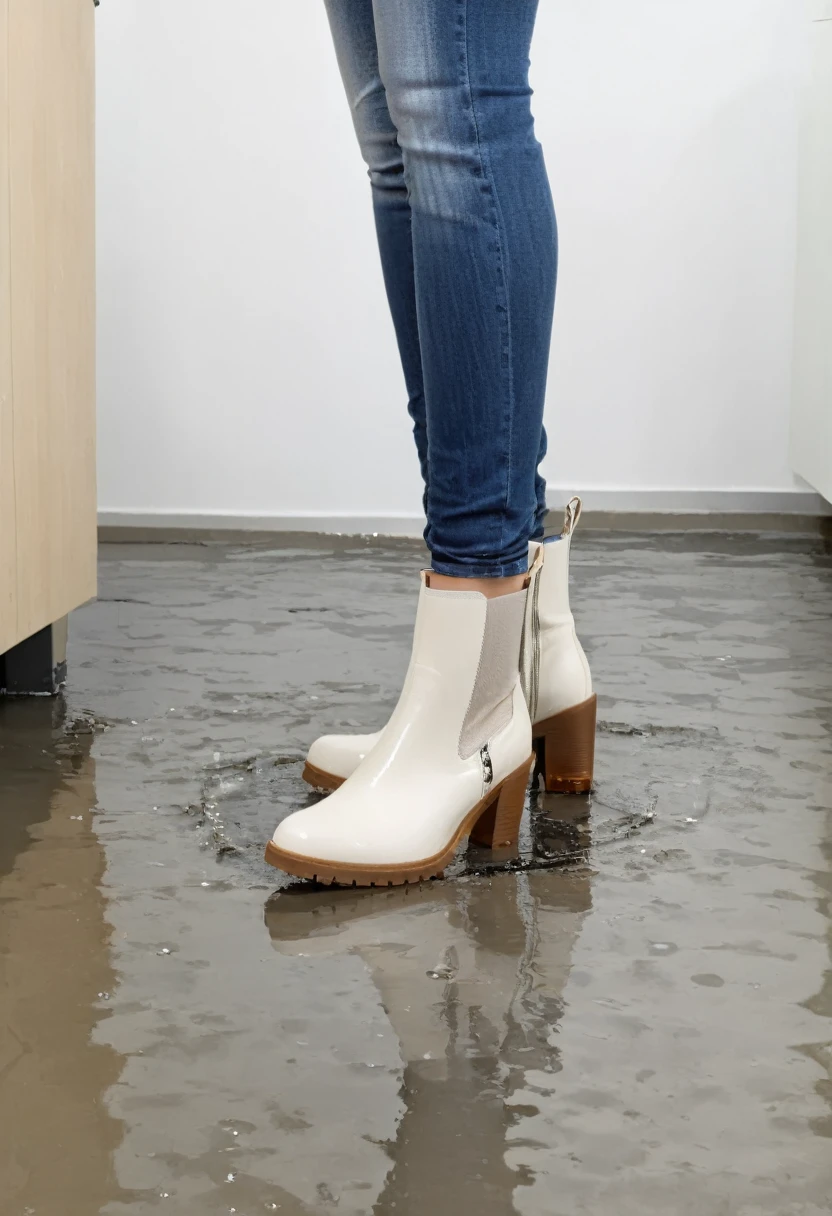 attractive blonde woman wearing skinny jeans, ankle boots, white blouse, standing in an office, wetting, boots wet with pee, standing in puddle of pee, shins of jeans soaked with pee
