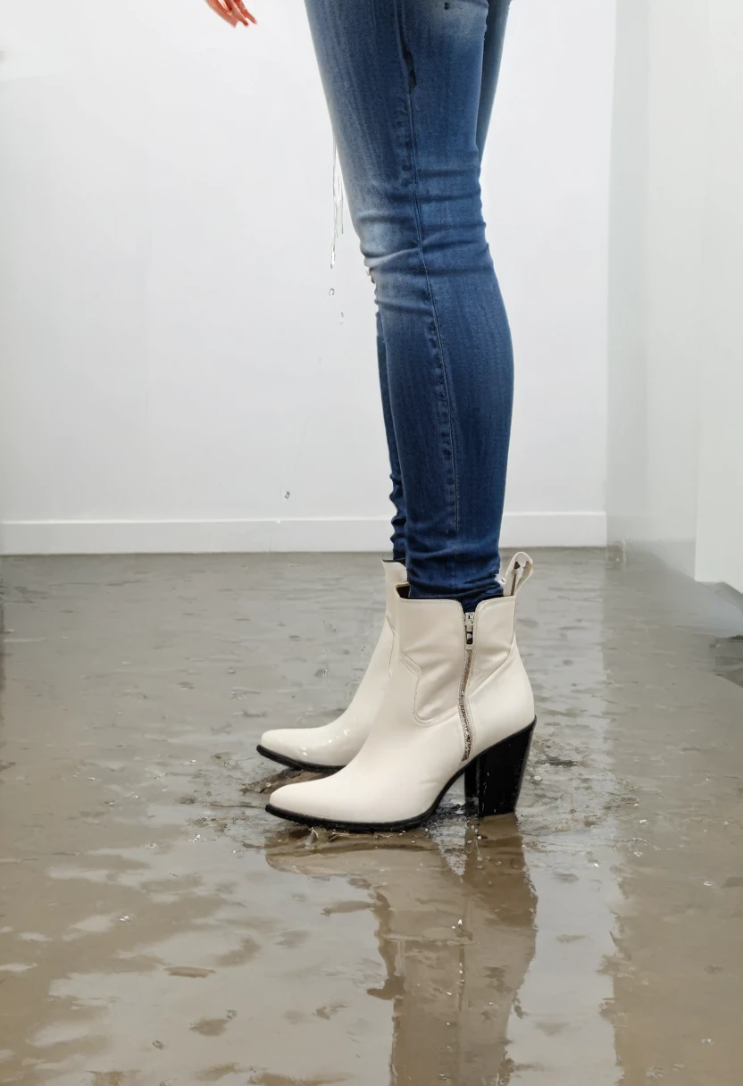 attractive blonde woman wearing skinny jeans, ankle boots, white blouse, standing in an office, wetting, boots wet with pee, standing in puddle of pee, shins of jeans soaked with pee