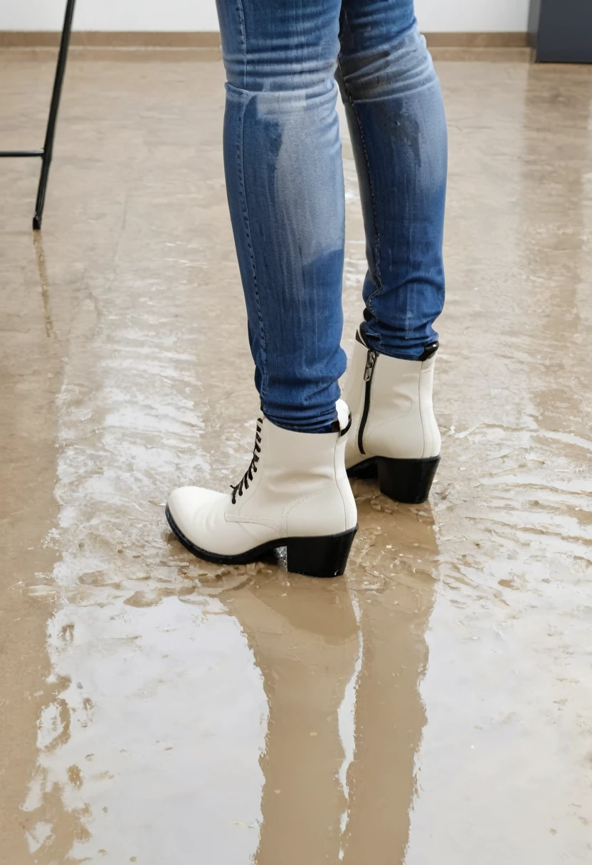 attractive blonde woman wearing skinny jeans, ankle boots, white blouse, standing in an office, wetting, boots wet with pee, standing in puddle of pee, shins of jeans soaked with pee