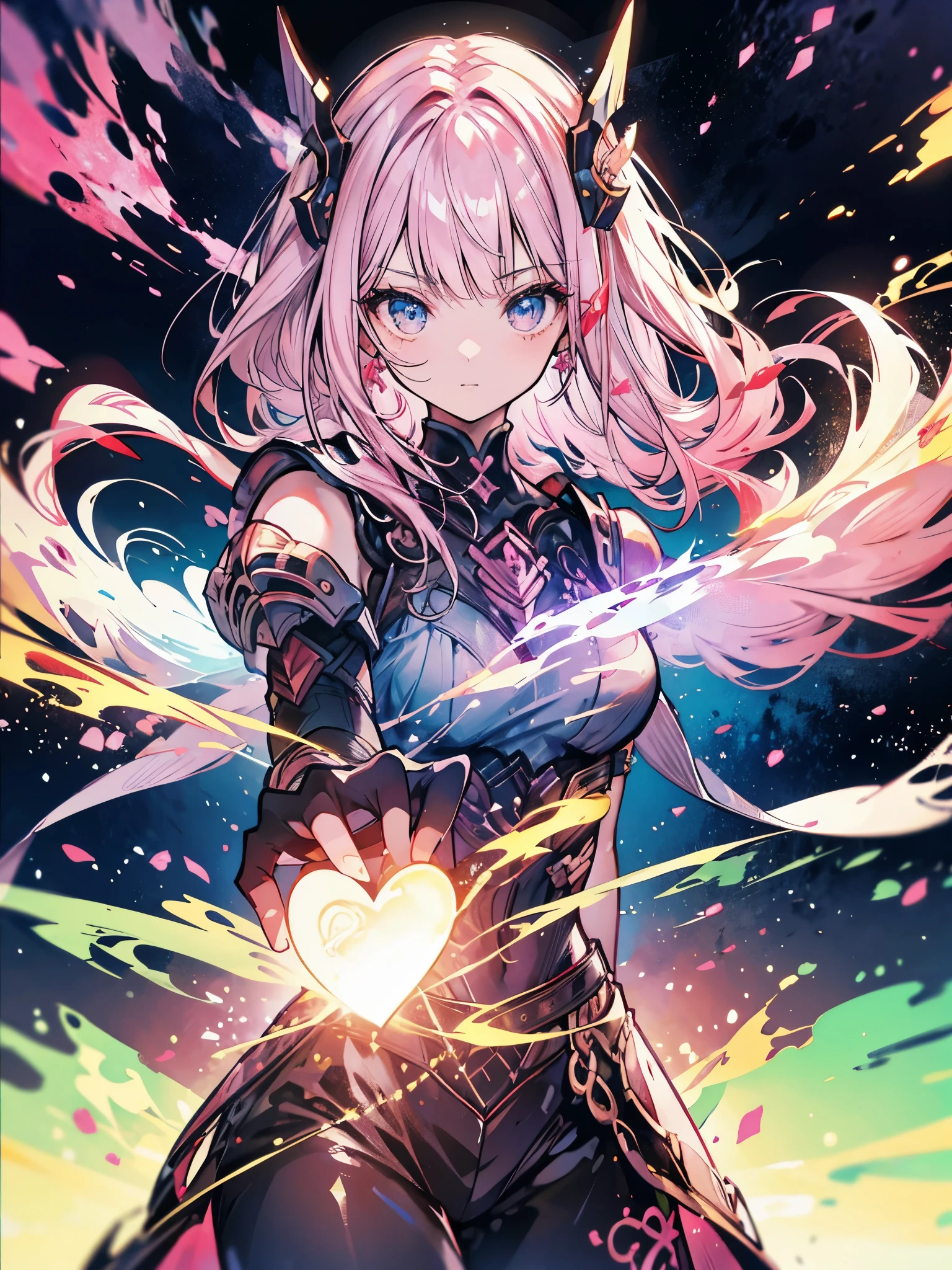 1 garota,tiro de vaqueiro, linda nora_Valkyrie, olhando para o espectador, sorriso, cabelo curto, olhos azuis,Heart cutout, luvas, jaqueta, saia rosa, cinto rosa, Manga curta, mangas bufantes, single clamp, fingerless luvas, cabelo laranja, pink luvas, dynamic pose, noite, ao ar livre, cidade, (volumetric lighting), melhor qualidade, Obra de arte, detalhes intrincados, mapeamento de tom, sharp focus, hiper detalhado, trends on Artstation,