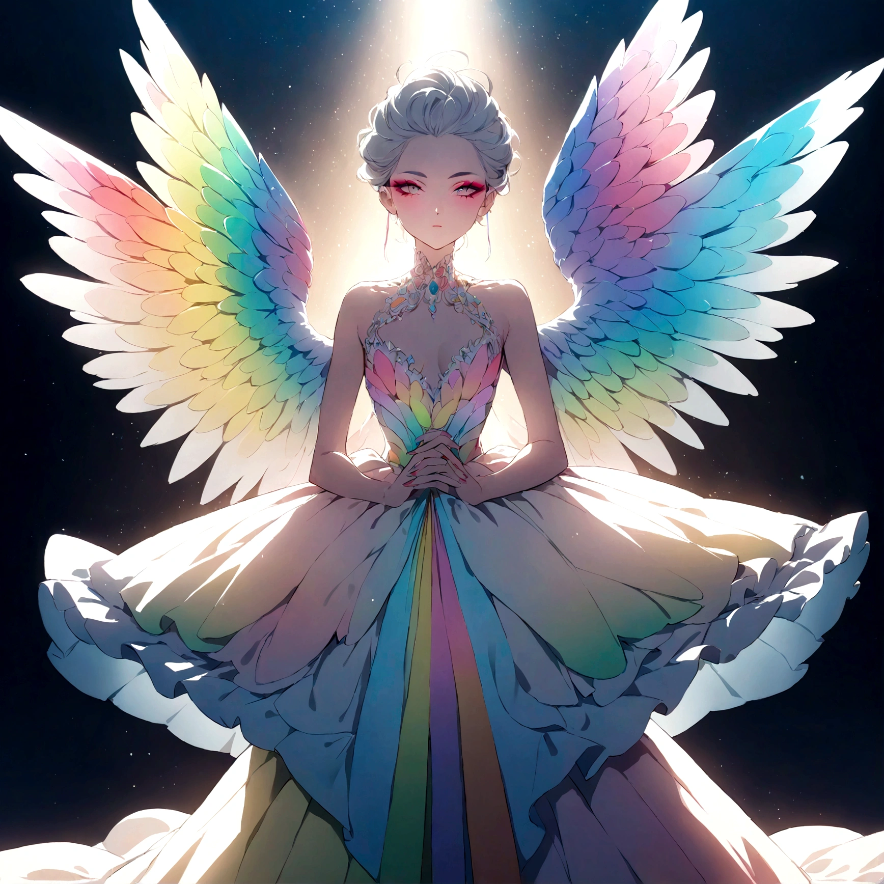 a sexually ambiguous person, beautiful intricate rainbow wings, extremely detailed face, perfect makeup, high fashion dress, dramatic lighting, cinematic, vibrant colors, dramatic pose, award-winning photograph