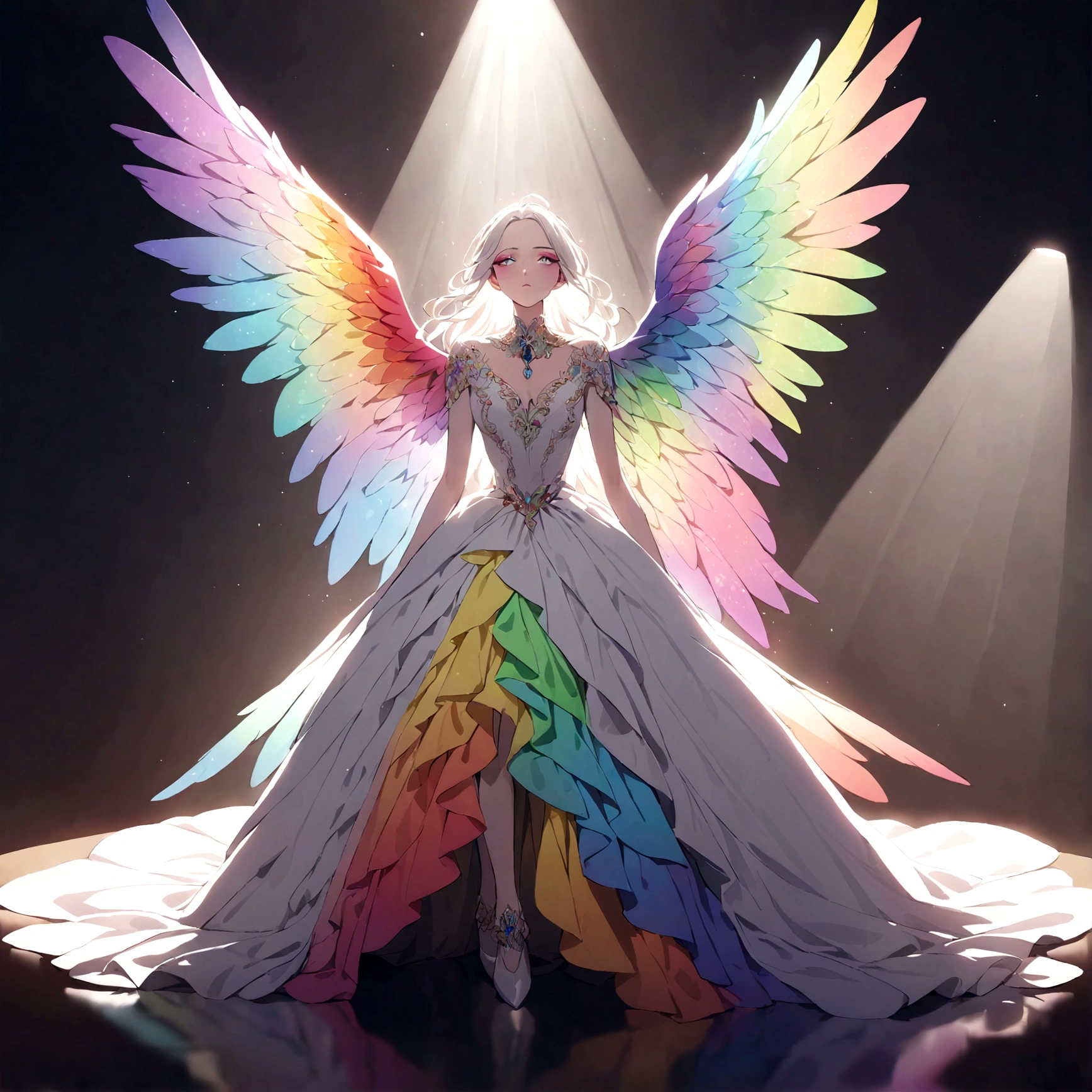 a sexually ambiguous person, beautiful intricate rainbow wings, extremely detailed face, perfect makeup, high fashion dress, dramatic lighting, cinematic, vibrant colors, dramatic pose, award-winning photograph