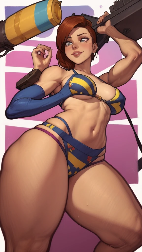 Close-up of a woman in a bikini holding a gun, fofosexyrobutts, adorable Brigitte from Overwatch, wojtek fus, Loba Andrade de Apex Legends, suor muscular lara croft, Lara Croft, corpo pin-up, art station masterpiece, bikini + equipamento militar esfarrapado, As seen not ArtStation, Brigitte de Overwatch, corpo perfeito fotorrealista um desenho animado de uma mulher com um sorriso no rosto, retrato de desenho animado, arte dos desenhos animadosstyle, pintura digital de desenho animado, por Jason Chan, arte de pintura digital dos desenhos animados, arte digital dos desenhos animados, arte dos desenhos animados style, arte dos desenhos animados, por Ryan Yee, desenho animado de arte digital, cartoon style illustration, em estilo cartoon, arte conceitual de desenho animado, desenho animado realista, Design de personagens de retrato