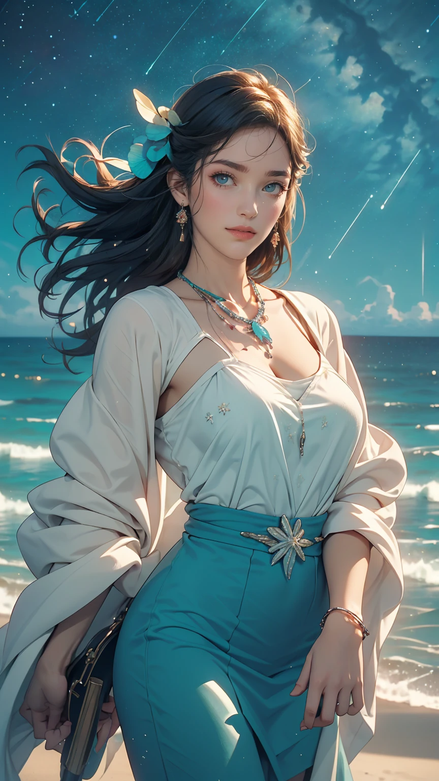 ((masterpiece,highest quality, detailed)), Cowboy Shot, (One girl:1.2), alone, (Captivating smile:1.3), Big Breasts, Are standing, View Viewer, (Ocean:1.3),(Starry Sky:1.3) ,