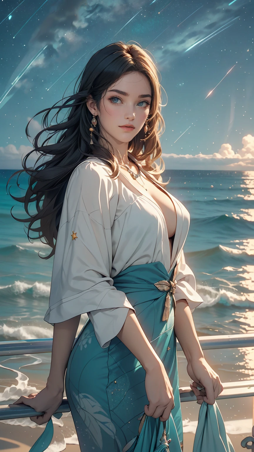 ((masterpiece,highest quality, detailed)), Cowboy Shot, (One girl:1.2), alone, (Captivating smile:1.3), Big Breasts, Are standing, View Viewer, (Ocean:1.3),(Starry Sky:1.3) ,