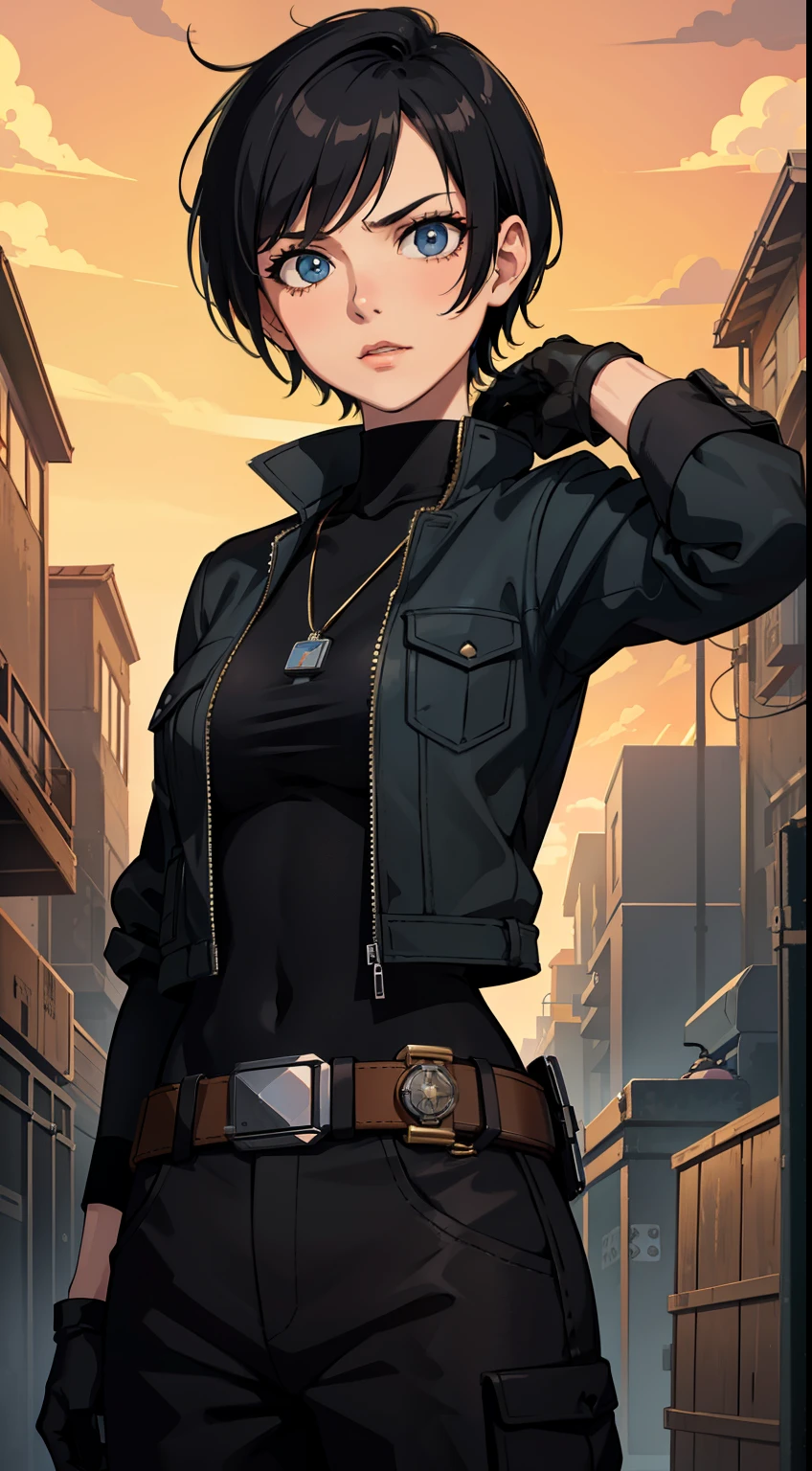 (high-quality, breathtaking),(expressive eyes, perfect face) Symmetrical Eyes, portrait, Star Wars Universe, 1girl, female, adult, mechanic, punk jacket, shirt, short sleeved, gloves, pants, belt, wrench, crystals on belt, messy hair, black hair color, brown eye color, short hair length, stylized hairstyle, pixie haircut, tall, technician outfit, engineer, workshop background, work bench, tools, mature, narrow eyes, dog tag necklaces
