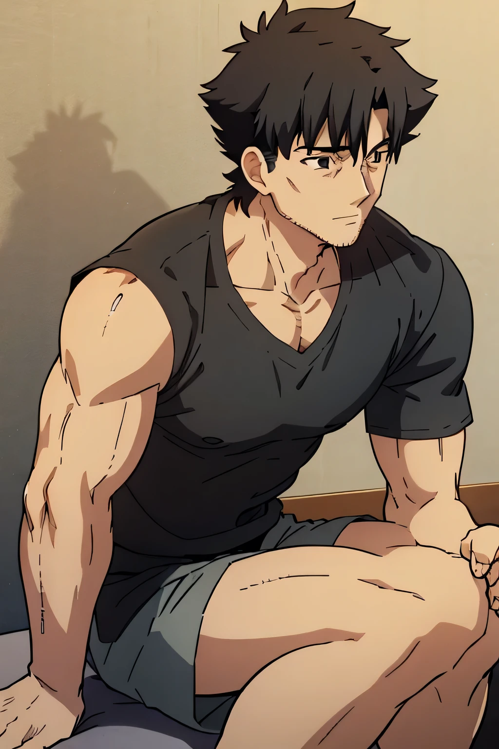 Kiritsugu is sitting and flexing his biceps and abs. He wears black short boxershorts. You can see his thighs. He is admiring his muscles. He has bulging veins on his arms. He wears a black tshirt with short sleeves. His right sleeve is completely rolled up so you can see his entire arm and shoulder. He is showing his abs too.