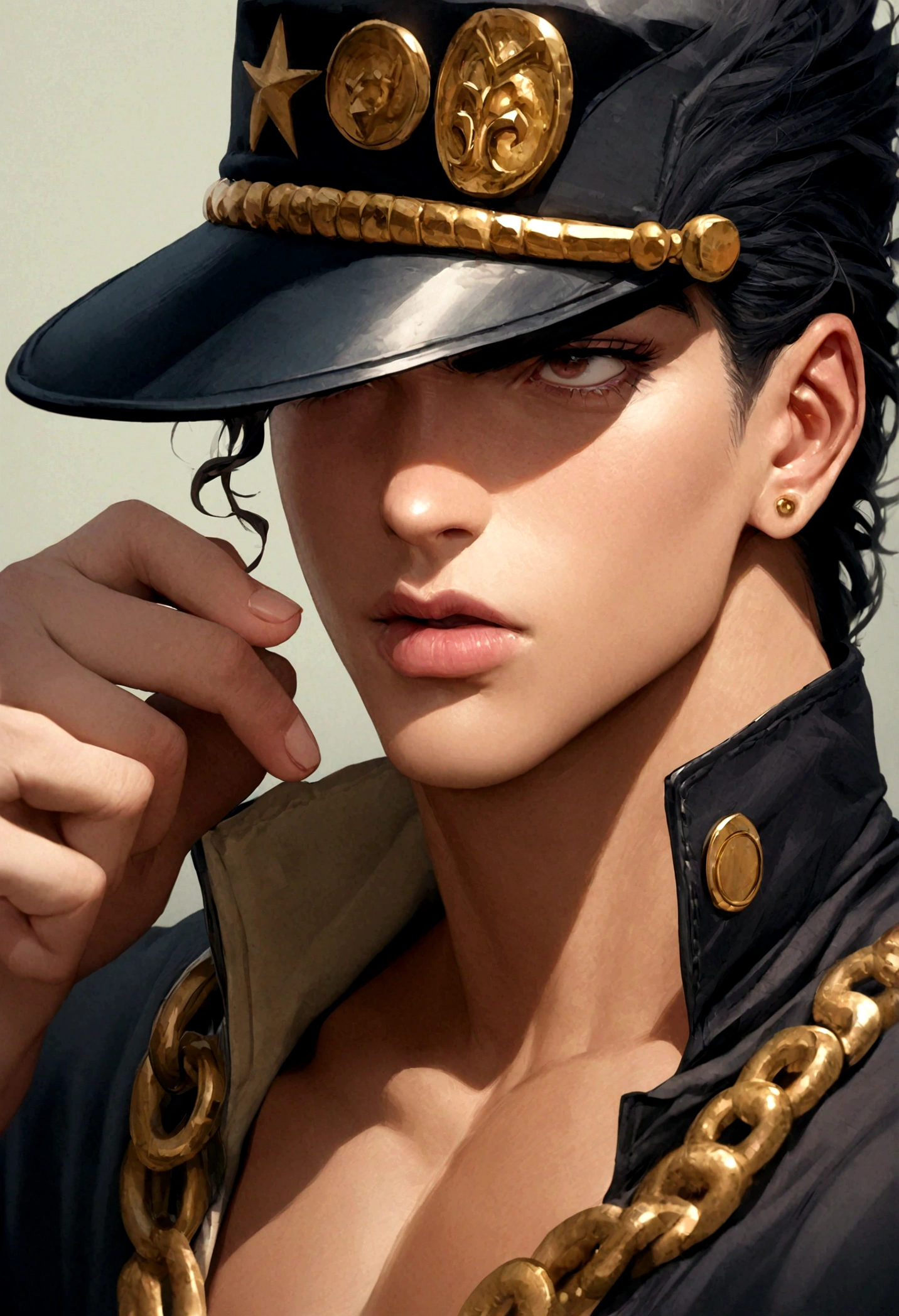 JOJO&#39;s Bizarre Adventure, Jotaro Kujo, Look away, hat covering eyes, Hands on the brim, permanent, background, Black Hair, Xuelan, Gold chain, (masterpiece,best quality,ultra_detailed,highres,absurdres:1.2),(photorealistic:1.4),