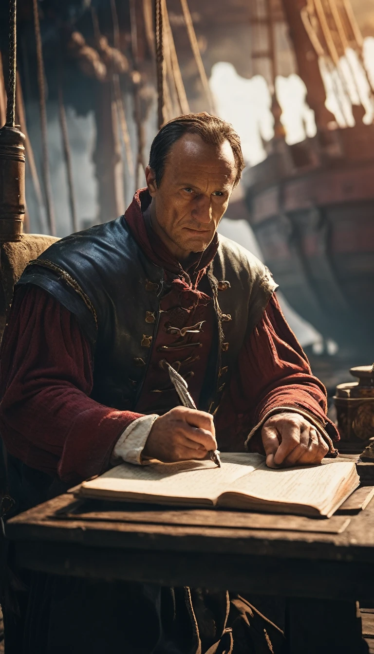 Cinematic style, Julius Caesar writing poetry on a pirate ship, detailed face, detailed face expressions, natural face expressions, face in detail, asymmetrical faced, fair and smooth skin, detailed hands, detailed fingers, masterpiece, cinematic lighting, physically based rendering, lens flare, award winning rendering, perfect rendering detail, 8K, realism, detailed background, everything in detail, cinematic shot, dynamic lighting, 75mm, Technicolor, Panavision, cinemascope, fine details, 8k, HDR, realism, realistic, key visual, film still, superb cinematic color grading, depth of field,