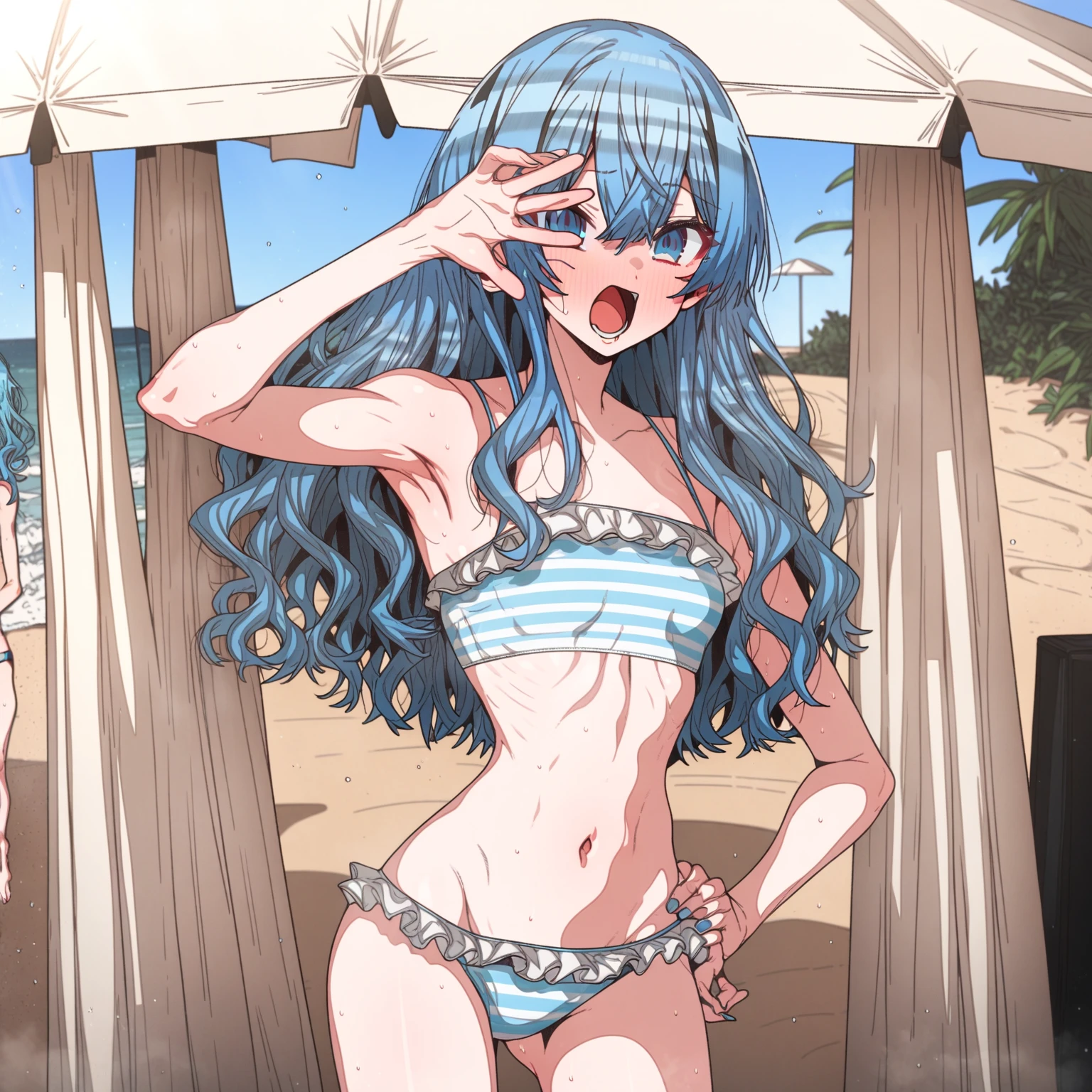 hoshimachi_suisei, Artist, erere, mamerakkkkko, Copyrights, idolmaster, idolmaster_shiny_colors, Character, General, 1girl, wavy side_bangs, blue_hair, blunt_bangs, blush, medium_breasts, breasts, blue_eyes, long_hair, striped bikini, blue_bikini, frilled_bikini, navel, raised_eyebrows, mouth slightly agape, open mouth, (full_body) (standing in middle, beach_umbrella), sky, detailed, sand, outdoors, looking_at_viewer, facing_viewer, masterpiece, best_quality, great_quality, girl, solo, center_composition, centered character, v_over_eye, hand_on_hip, cute
