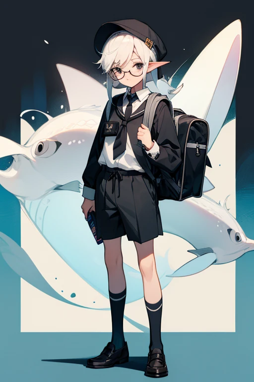 12 year old boy, white hair, black eyes, full body, schoolboy uniform, schoolboy cap, schoolboy shorts, Schoolboy bag, schoolboy shoes, schoolboy socks, schoolboy tie, schoolboy ink, Schoolboy glasses, squid diaper,