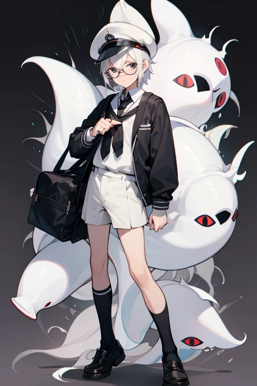12 year old boy, white hair, black eyes, full body, schoolboy uniform, schoolboy cap, schoolboy shorts, Schoolboy bag, schoolboy shoes, schoolboy socks, schoolboy tie, schoolboy ink, Schoolboy glasses, squid diaper,