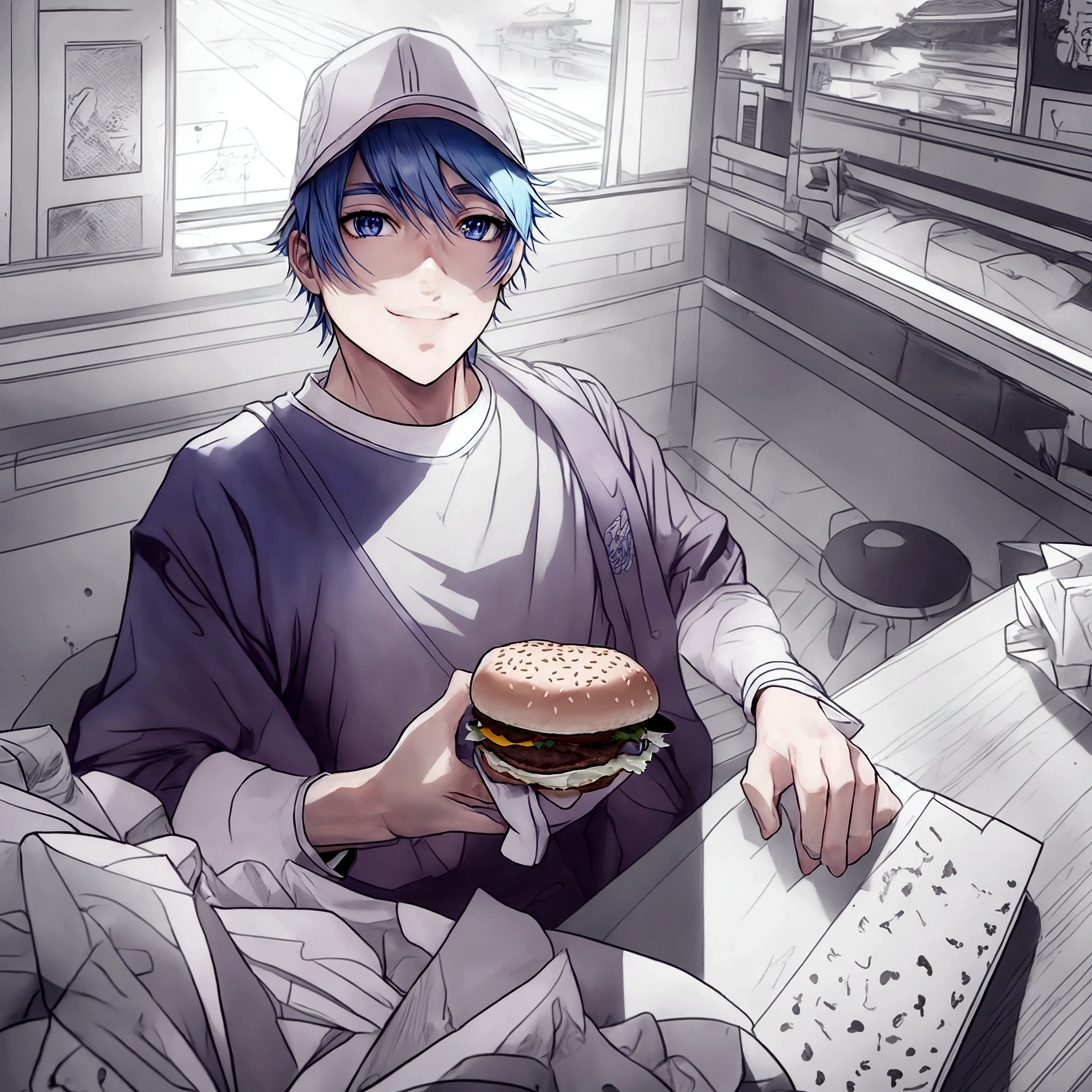 Anime Shōnen with blue hair holding a hamburger in his hand, 2D Anime Style, Anime Styleに, Serve burgers, Anime Style, Anime Moe Art Style, Anime Shōnen, Eating a hamburger, Official Art, Eating a hamburger, shigenori soejima illustration, Anime Food, High quality fan art, Young Anime Guy, High quality anime art style, High quality artwork