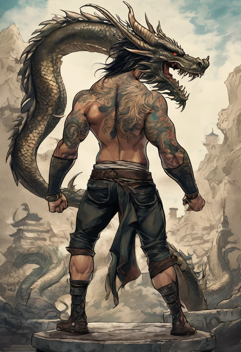 Create a character for an RPG. Make it with anime style lines.make a half human half dragon man like kaido from one piece.make him have a human head. Make it with 2000s anime features.