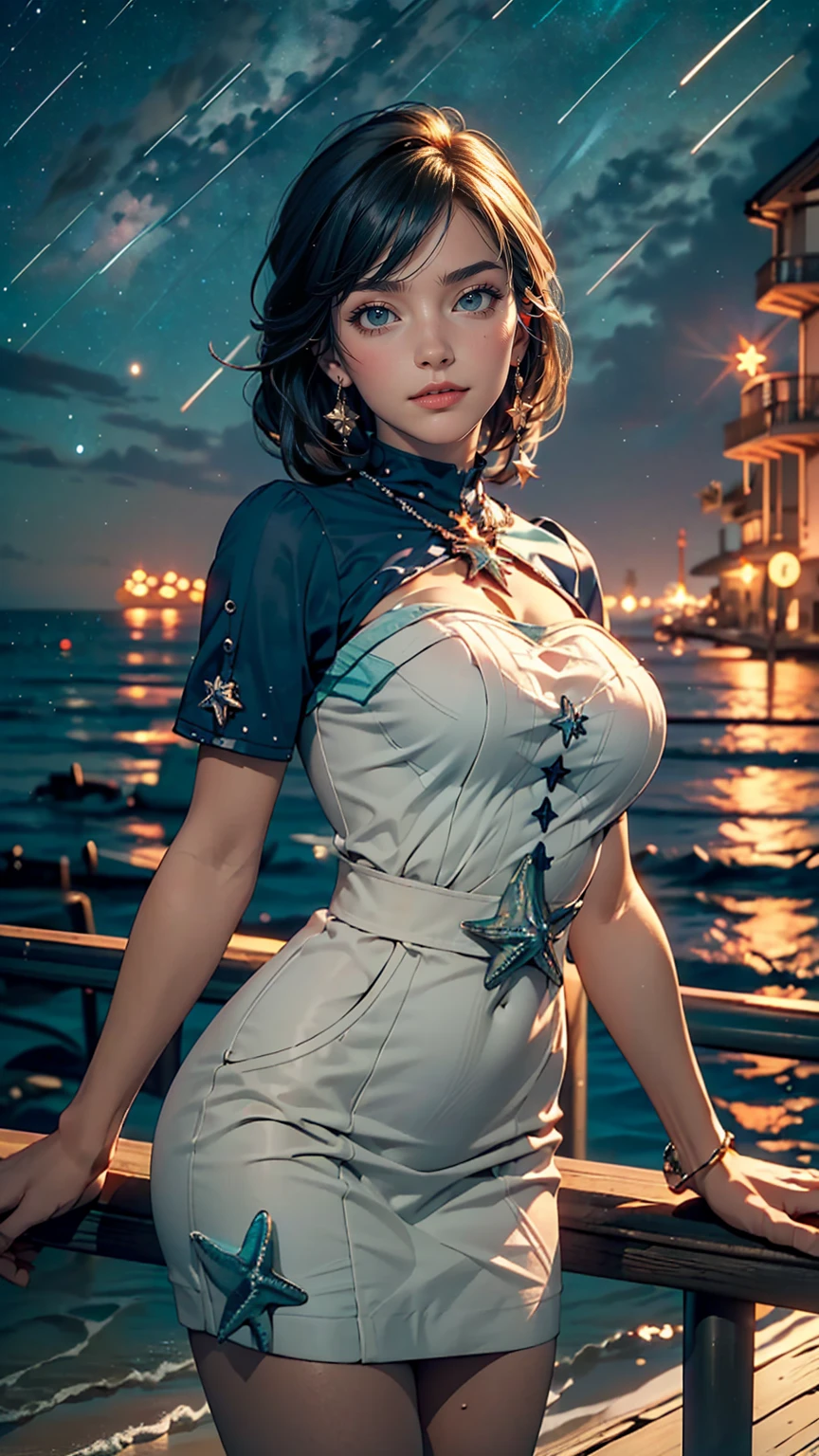 ((masterpiece,highest quality, detailed)), Cowboy Shot, (One girl:1.2), alone, (Captivating smile:1.3), Big Breasts, Are standing, View Viewer, (Ocean:1.3),(Starry Sky:1.3) ,