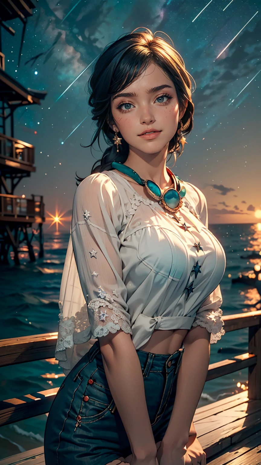 ((masterpiece,highest quality, detailed)), Cowboy Shot, (One girl:1.2), alone, (Captivating smile:1.3), Big Breasts, Are standing, View Viewer, (Ocean:1.3),(Starry Sky:1.3) ,
