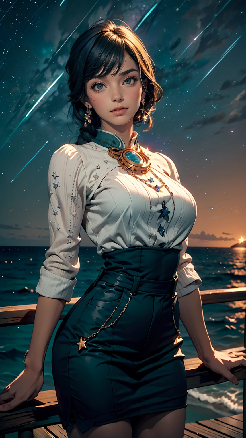 ((masterpiece,highest quality, detailed)), Cowboy Shot, (One girl:1.2), alone, (Captivating smile:1.3), Big Breasts, Are standing, View Viewer, (Ocean:1.3),(Starry Sky:1.3) ,