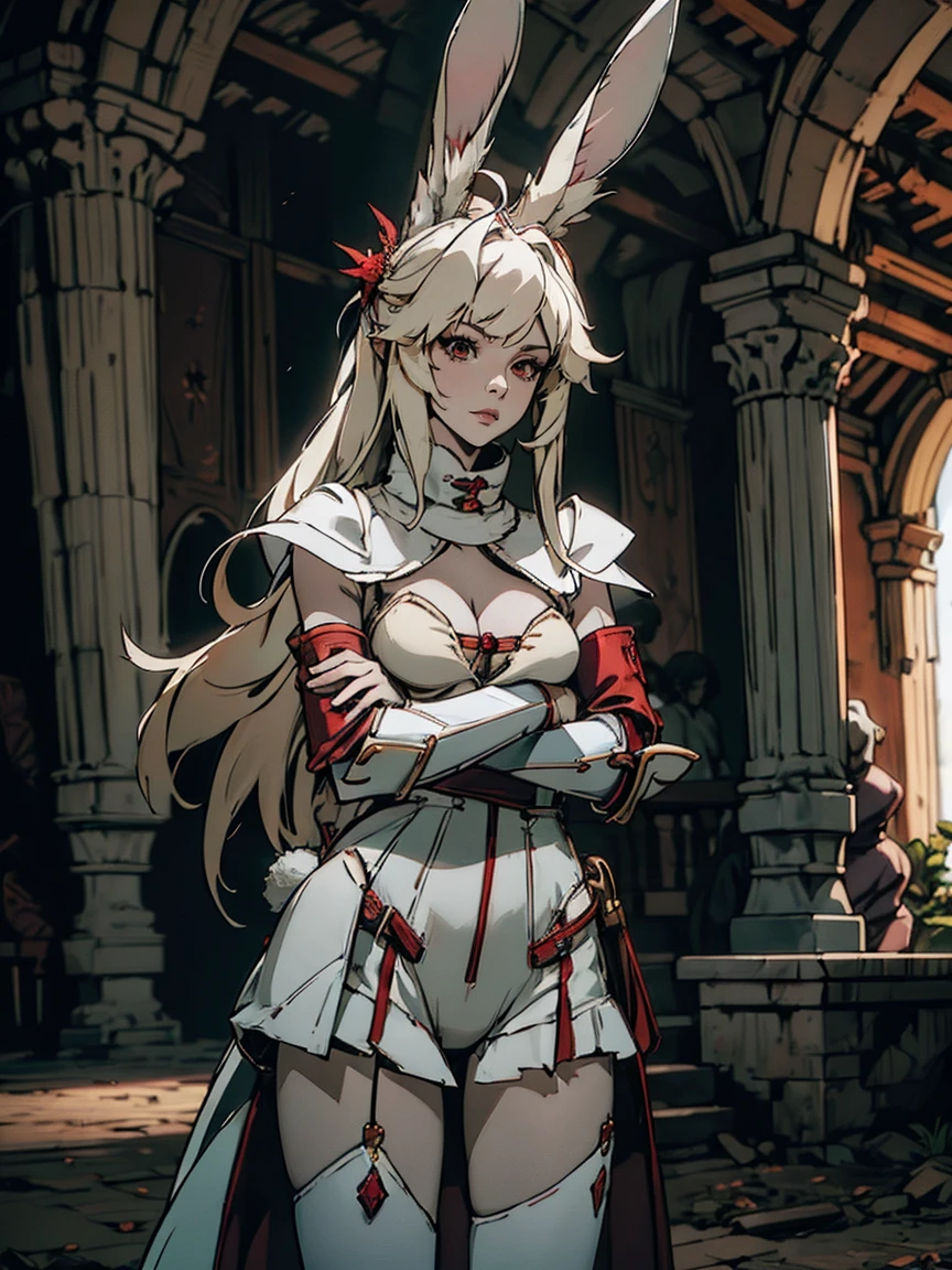 a rabbit girl in the ruins, (rabbit girl)(best quality,high resolution, masterpiece:1.2), female focus, (one girl:1.5), (free hands), beautiful eyes, (white hair:1), detailed eyes, (rabbit ears), (red eyes:1.2), white cloak, curious, fleshy lips, hair ornament, leather armor, Clothes made of tanned leather, detached sleeves, wrist guard, white thighhighs, shin guards, perfect quality, good quality, masterpiece, (arms crossed1.2), Prepare-se para mergulhar em um mundo onde a beleza e o artesanato se fundem perfeitamente, anatomically correct. ultra nitidez