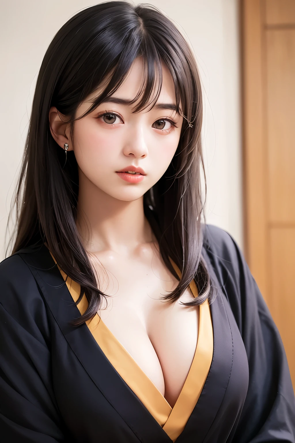 (1 nogizaka girl,raw photo,photo realistic:1.5),(best quality, high quality,HDR, highest quality,ultra high resolution,high resolution,high res,ultra high difinition,huge file size,8K,2K wallpaper,8K wallpaper,high quality texture,amazing,an extremely delicate:1.4),one girl, Japanese famous idol,beautiful face,small face,absurd,ridiculous,incredibly ridiculous,blurry background,(cleavage,no makeup:1.2),medium skin,beautiful skin,detailed skin,black hair,silky hair,(Japanese eyes:1.3),detailed eyes,black eyes,Japanese idol eyes,triangle eyes,Japanese nose,5-fingers,(Light Particles, Lens Flare, Luminous Particles: 0.7),looking at viewer,bright lighting,professional lighting,girl