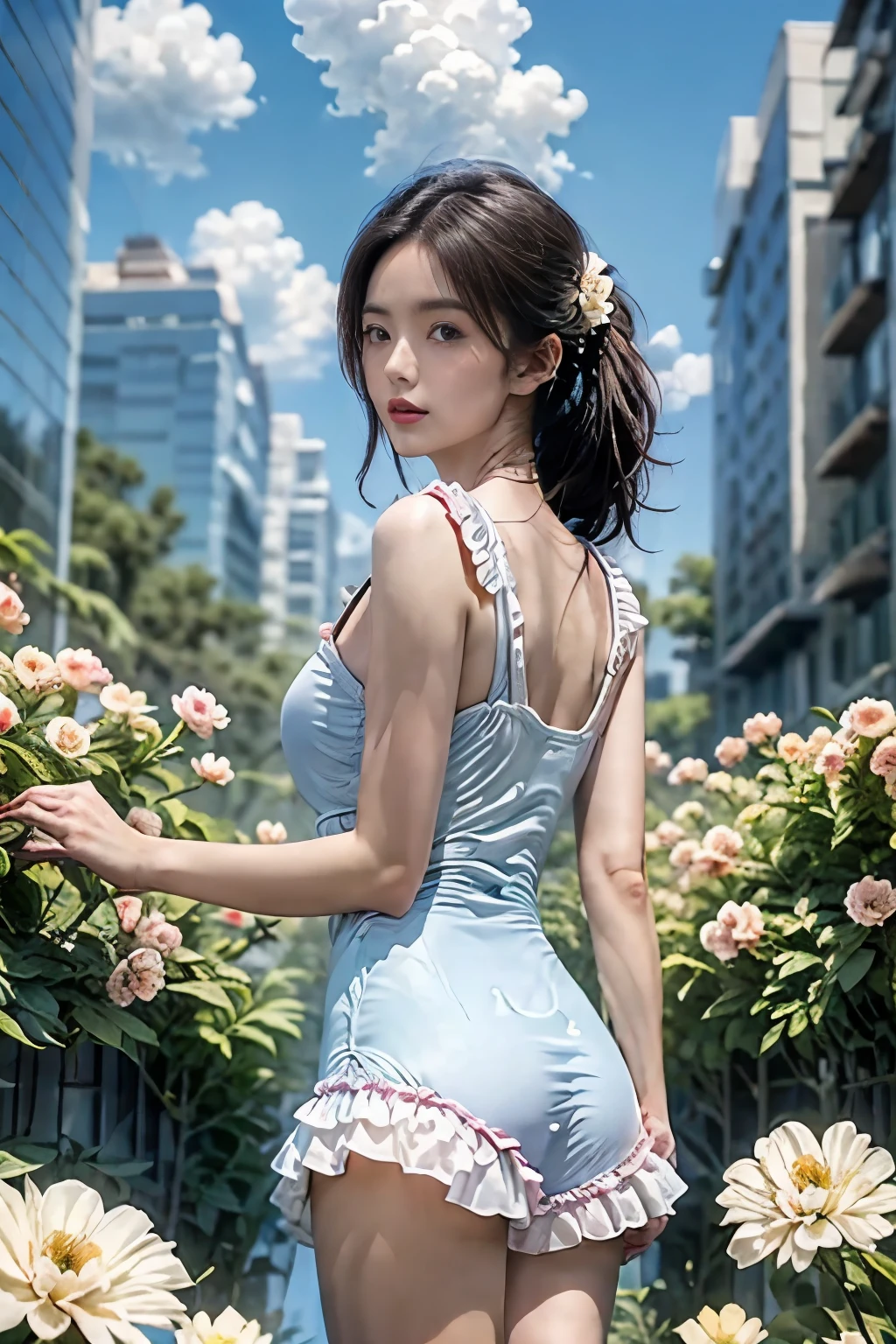 1girl,3d,underwear，ass,(city, buildings, Flowers, blue sky, white clouds, buildings),looking at viewer,photorealistic,realistic,Clear Fingers,