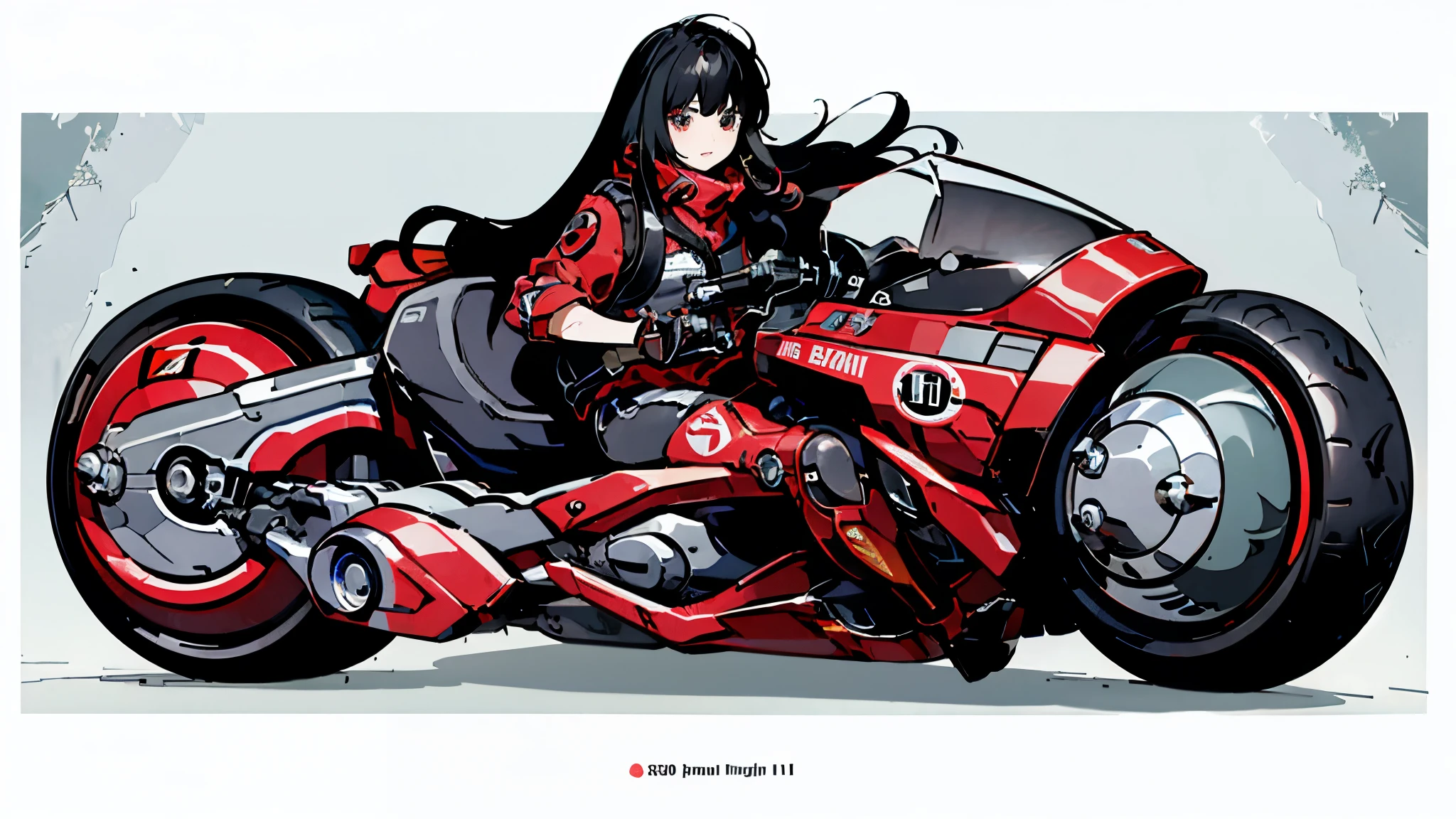 (Best Quality,4K,High resolution), high-level image quality、High quality pixels、Resolution up、Woman in long work clothes with long hair、Motorcycle Red、Emphasizes keeping black hair in a red metallic color、Realistic depiction with delicate details、Facial expression close-up