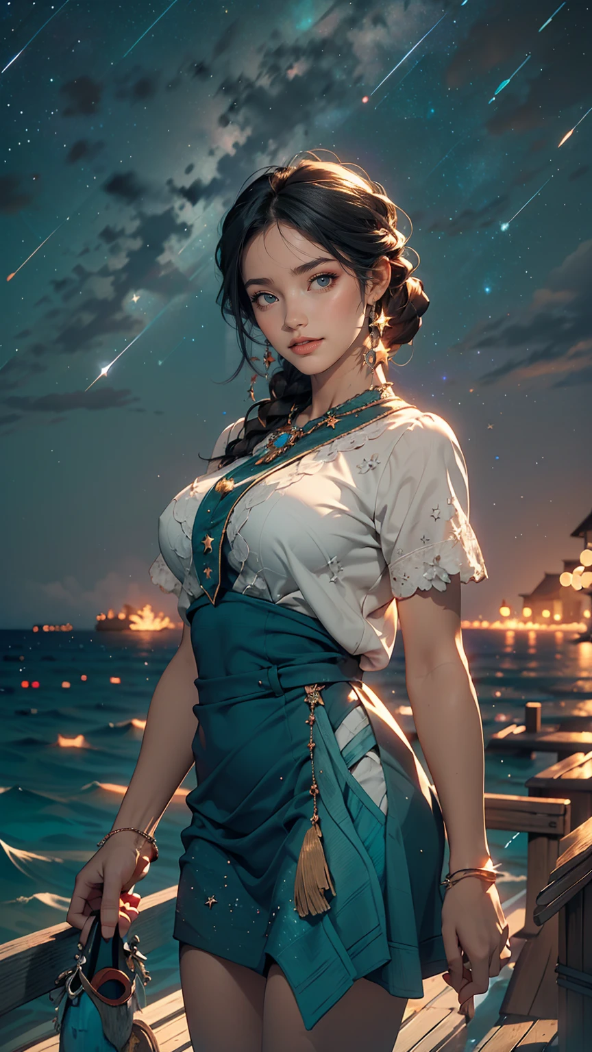 ((masterpiece,highest quality, detailed)), Cowboy Shot, (One girl:1.2), alone, (Captivating smile:1.3), Big Breasts, Are standing, View Viewer, (Ocean:1.3),(Starry Sky:1.3) ,  