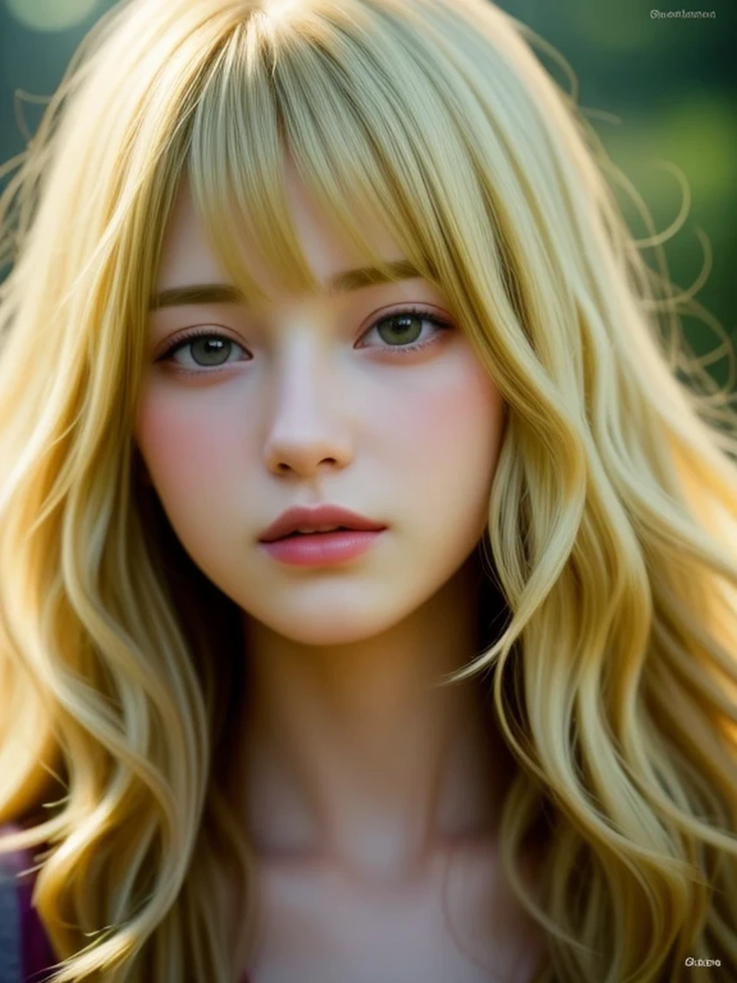 To the camera, Realistic digital painting of a woman portrait, Shy, open mouth to say something, sad, (Wavy medium Hair:1.1), bangs, (Soft silky Blonde Hair:1.3), (Highly detailed skin:1.2), Mystical style, Global Illumination,