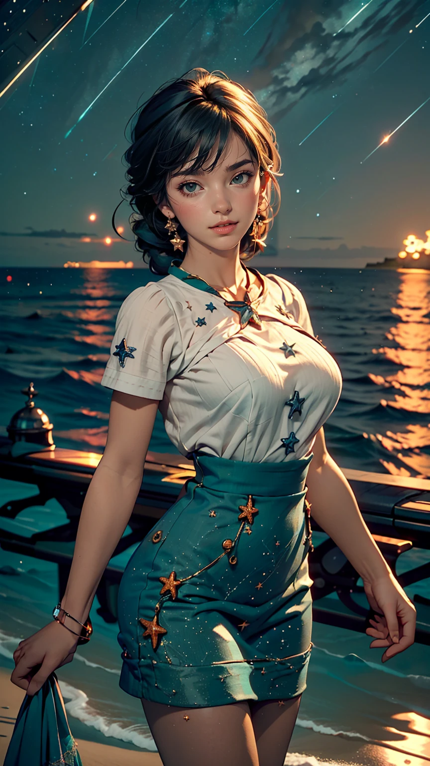 ((masterpiece,highest quality, detailed)), Cowboy Shot, (One girl:1.2), alone, (Captivating smile:1.3), Big Breasts, Are standing, View Viewer, (Ocean:1.3),(Starry Sky:1.3) ,  