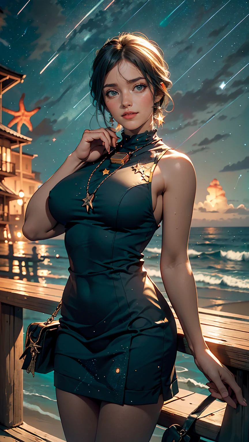 ((masterpiece,highest quality, detailed)), Cowboy Shot, (One girl:1.2), alone, (Captivating smile:1.3), Big Breasts, Are standing, View Viewer, (Ocean:1.3),(Starry Sky:1.3) ,  