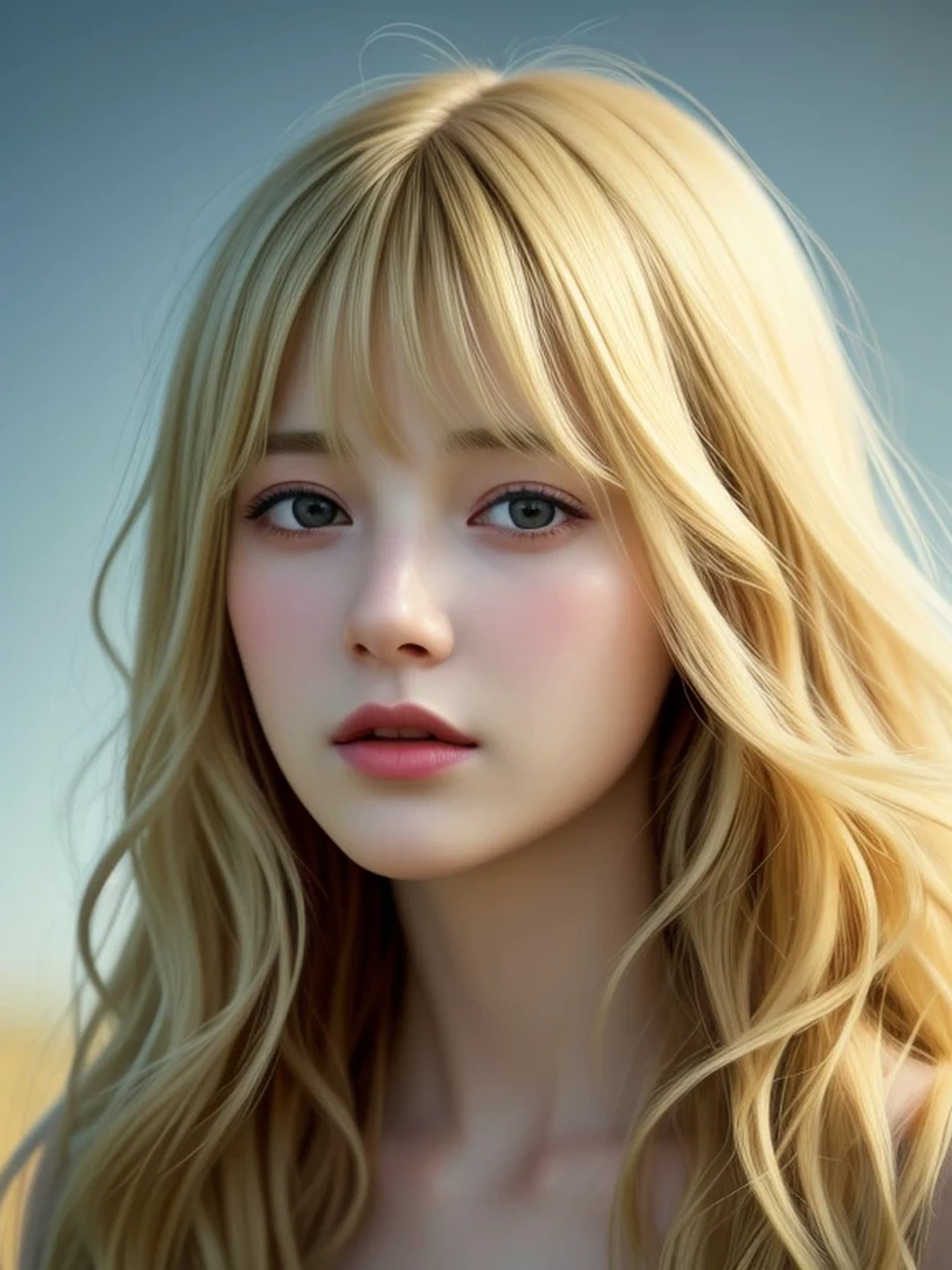 To the camera, Realistic digital painting of a woman portrait, Shy, open mouth to say something, sad, (Wavy medium Hair:1.1), bangs, (Soft silky Blonde Hair:1.3), (Highly detailed skin:1.2), Mystical style, Global Illumination,
