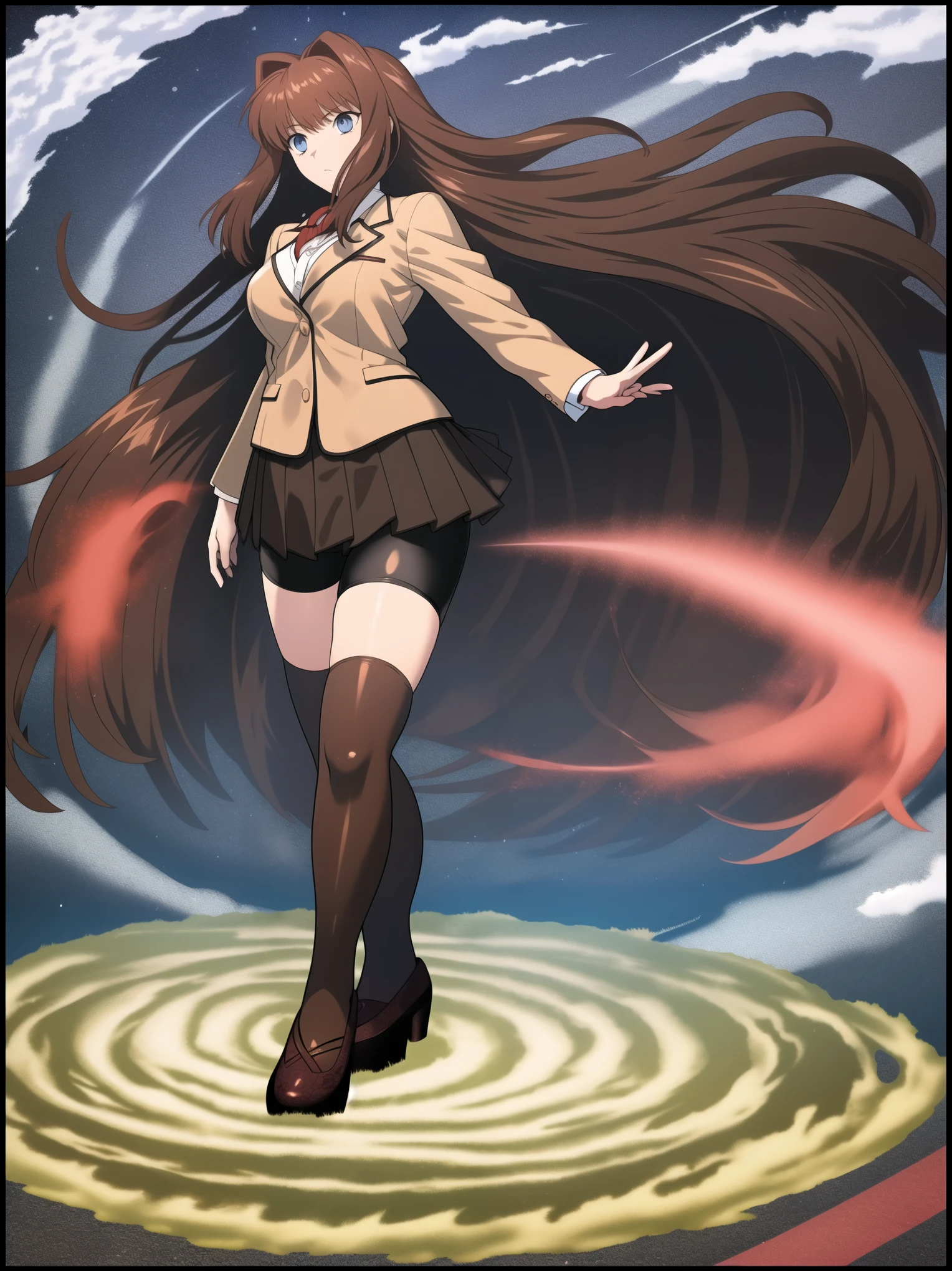 BREAK, (EMPTY BACKGROUND), BREAK (masterpiece:1), best quality, high resolution, 8k, illustration, (beautiful detailed eyes:1.5), extremely detailed face, extremely detailed body, CG, perfect hands, perfect anatomy, (((1girl))), ((solo)), ((bbaoko)), ((2 legs max)), ((2 feet max:1.6)), ((swirling vortex shaped longest brown hair:1.5)), (brown longest hair with slightly reddish undertone:1.6), (lush luscious longest brown hair:1.6), (very long voluminous longest brown hair:1.5), serious, blue eyes, red bowtie, (Form-fitting beige blazer:1.5), brown jacket, (highly detailed beautiful face:1.2), (white shirt:1), (well shaped large breasts:1.6), (nice hips:1), (((Umber pleated thigh-high skirt:1.6))), (((black bike shorts:1.4))), (toned thighs:1.6), (jetblack thighhighs:1.6), (strap shoes brown color), (facing front:1.5), ((standing straight:1.5)), ((Fullbody in frame:1.6)), ((Full body:1.5)), ((takeuchi takashi:1.3))
