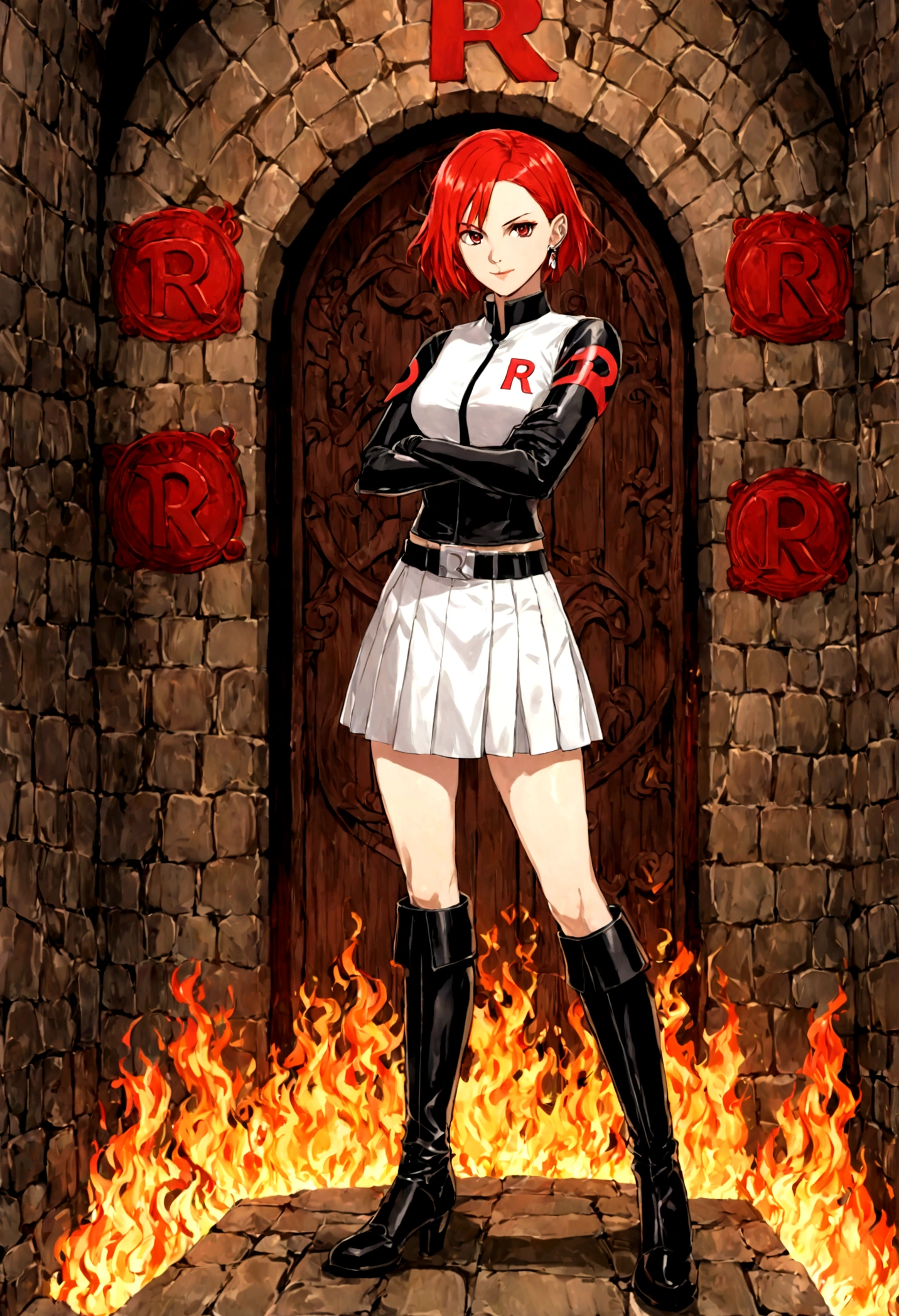 (((1 girl))) short hair, earings ,glossy lips ,team rocket uniform, red letter R, white skirt, white crop top, black thigh-high boots, black elbow gloves, evil smile, looking at viewer, cowboy shot, arms crossed, full body photo Mercedes von Martritz (Fire Emblem: Three Houses)