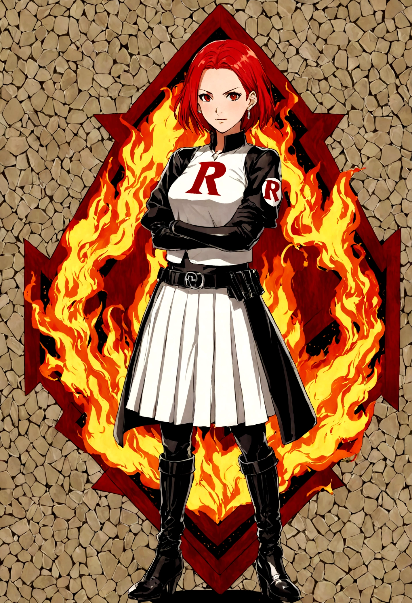 (((1 girl))) short hair, earings ,glossy lips ,team rocket uniform, red letter R, white skirt, white crop top, black thigh-high boots, black elbow gloves, evil smile, looking at viewer, cowboy shot, arms crossed, full body photo Mercedes von Martritz (Fire Emblem: Three Houses)
