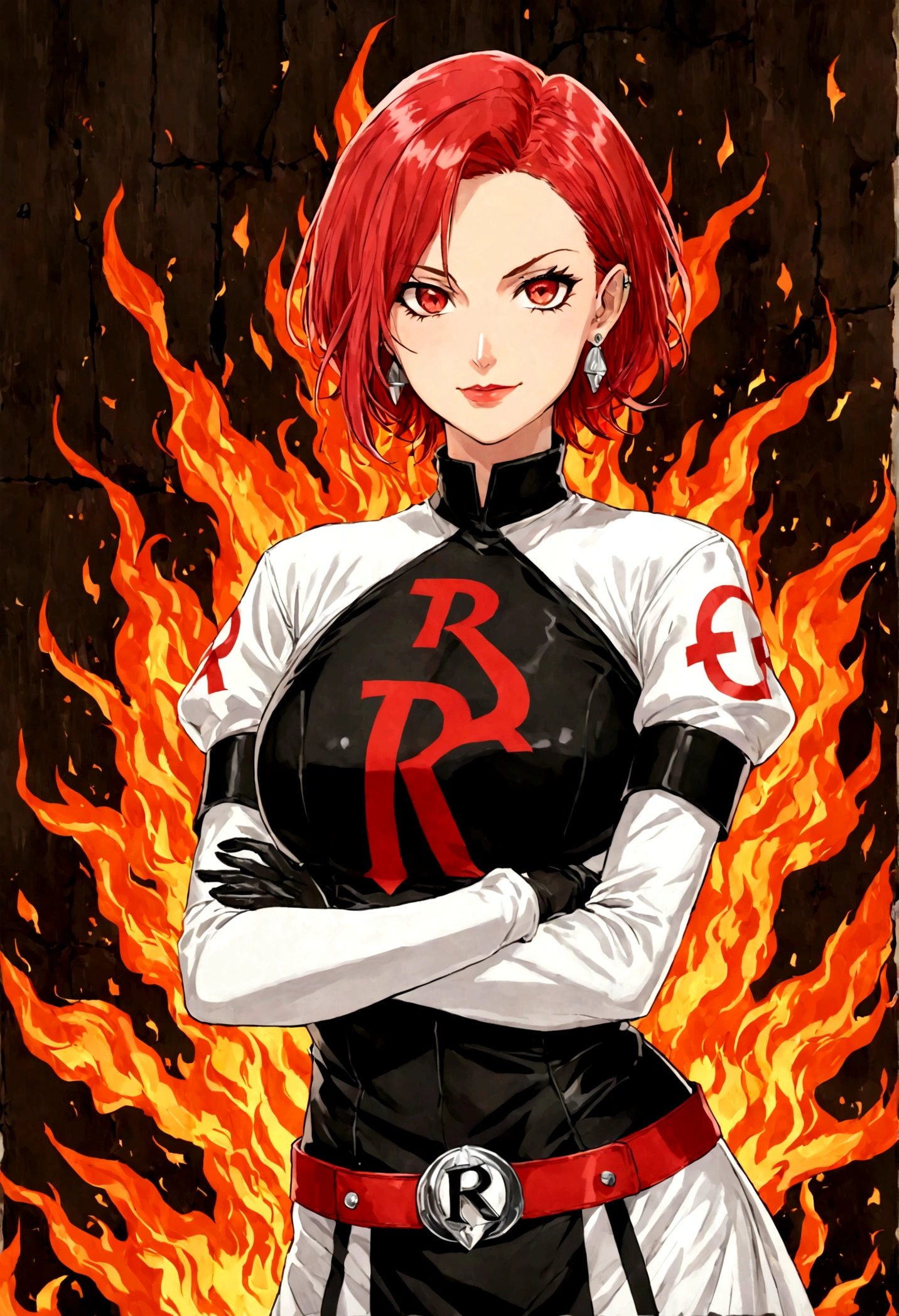 (((1 girl))) short hair, earings ,glossy lips ,team rocket uniform, red letter R, white skirt, white crop top, black thigh-high boots, black elbow gloves, evil smile, looking at viewer, cowboy shot, arms crossed, full body photo Mercedes von Martritz (Fire Emblem: Three Houses)