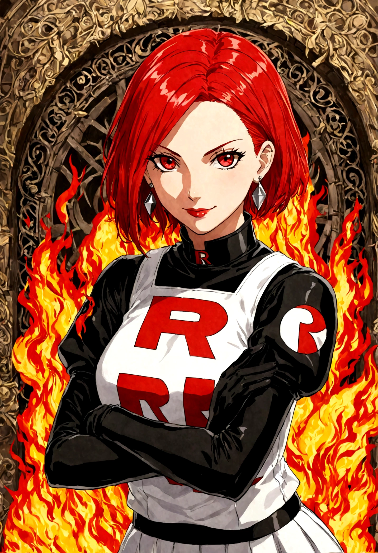 (((1 girl))) short hair, earings ,glossy lips ,team rocket uniform, red letter R, white skirt, white crop top, black thigh-high boots, black elbow gloves, evil smile, looking at viewer, cowboy shot, arms crossed, full body photo Mercedes von Martritz (Fire Emblem: Three Houses)