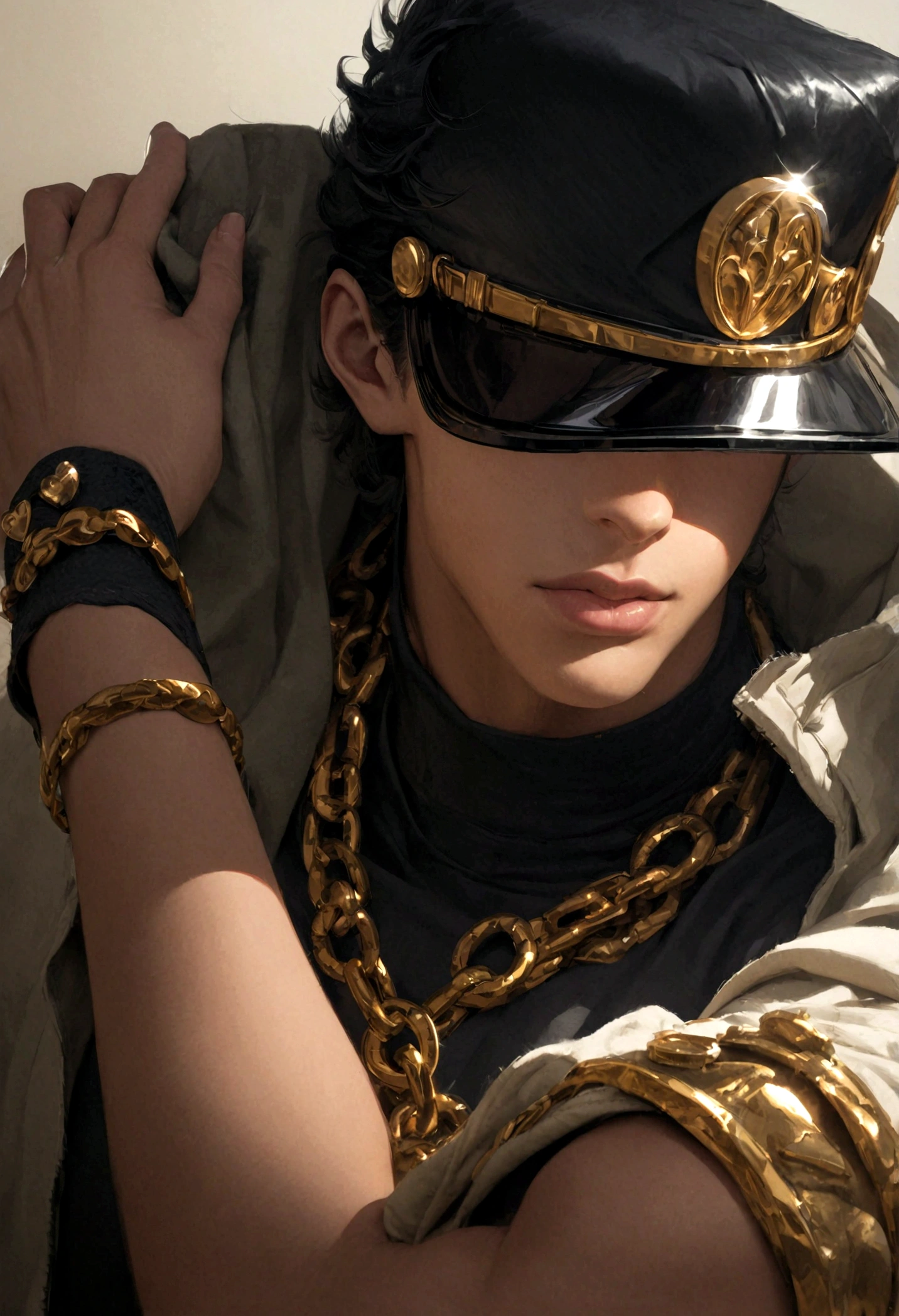 JOJO&#39;s Bizarre Adventure, Jotaro Kujo, Look away, hat covering eyes, Hands on the brim, Hands in pockets, permanent, background, Black Hair, Gold chain, (masterpiece,best quality,ultra_detailed,highres,absurdres:1.2),(photorealistic:1.4),