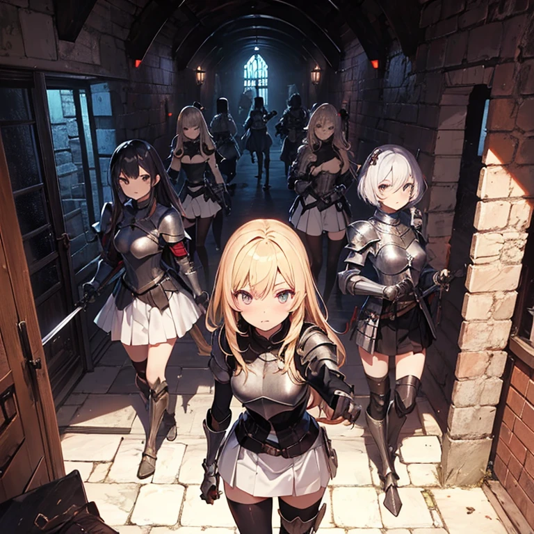 A group of female knight, (in dungeon), various hair styles, harem, wearing armored clothes, metal armor, details face, , short skirt, seducing, sword
