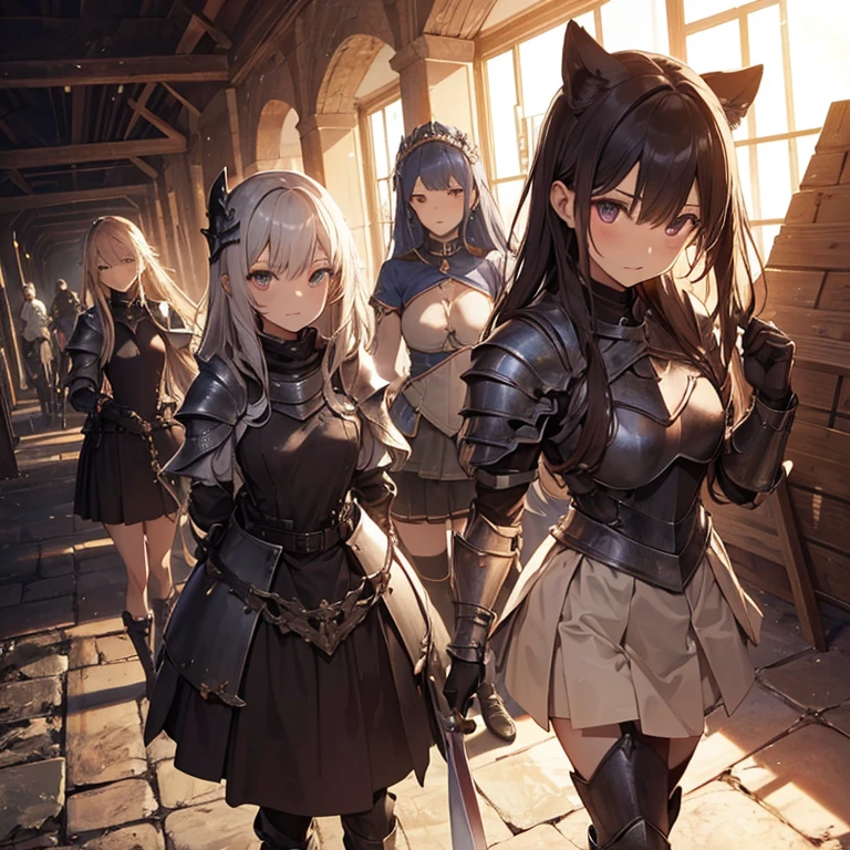 A group of female knight, (in dungeon), various hair styles, harem, wearing armored clothes, metal armor, details face, , short skirt, seducing, sword