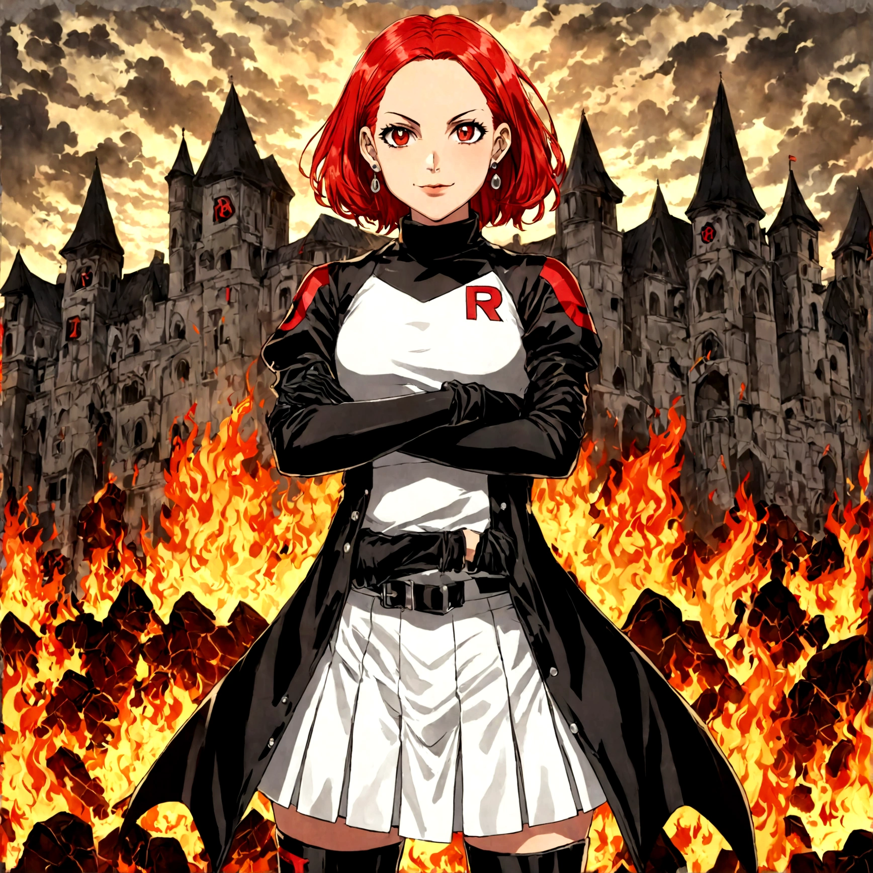 (((1 girl))) short hair, earings ,glossy lips ,team rocket uniform, red letter R, white skirt, white crop top, black thigh-high boots, black elbow gloves, evil smile, looking at viewer, cowboy shot, arms crossed, full body photo Mercedes von Martritz (Fire Emblem: Three Houses)
