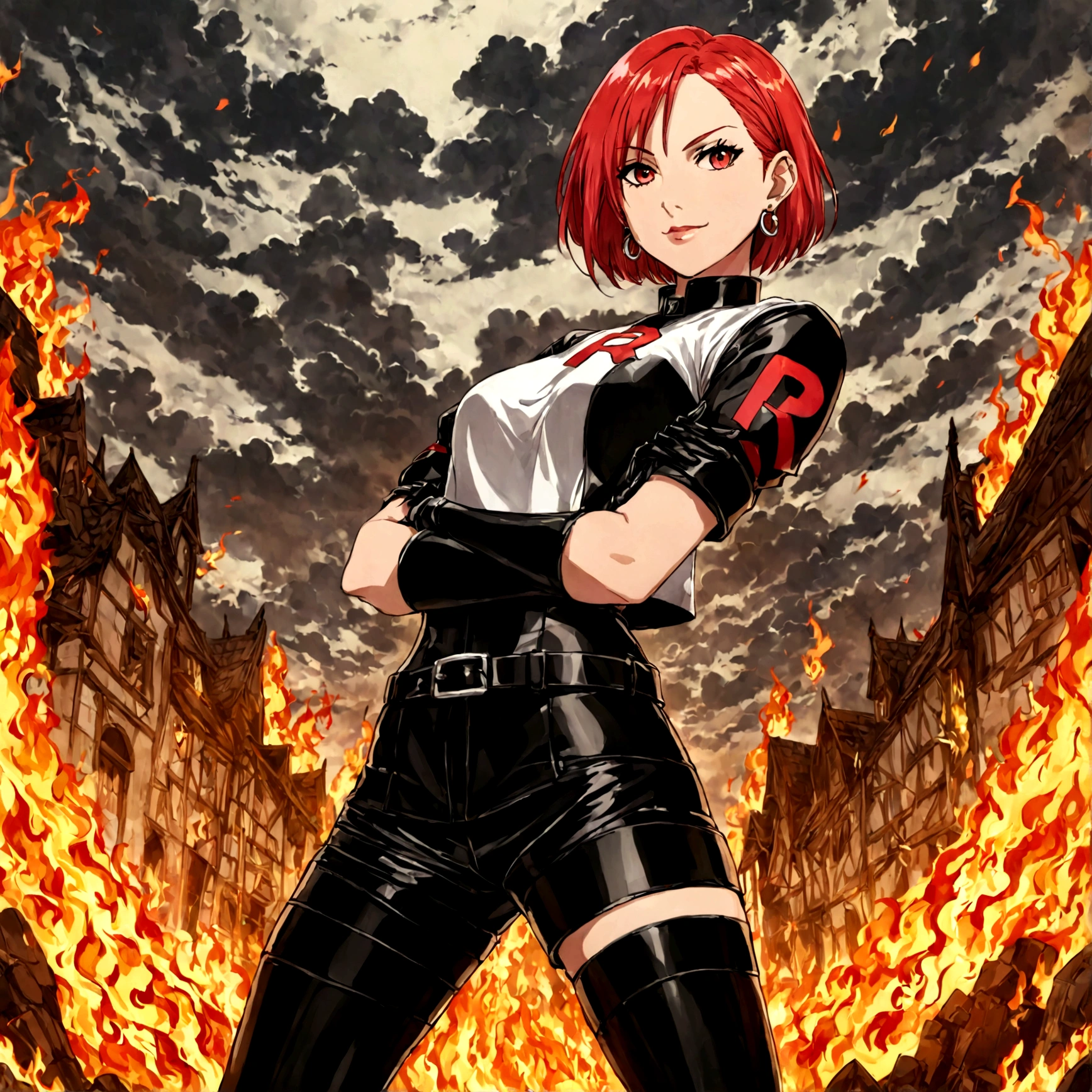 (((1 girl))) short hair, earings ,glossy lips ,team rocket uniform, red letter R, white skirt, white crop top, black thigh-high boots, black elbow gloves, evil smile, looking at viewer, cowboy shot, arms crossed, full body photo Mercedes von Martritz (Fire Emblem: Three Houses)