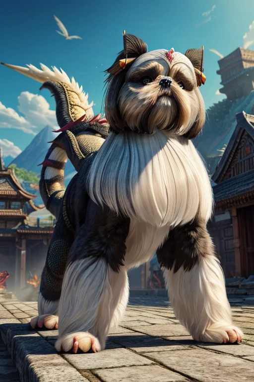 Create a (((Shi tzu Dragon hybrid)))
, blend fur and scales together, Shitzu coloring, open wing span, snarling snout, ultra detailed, masterpiece, hyper realistic, extravagant drawing, flawless rendering, a battle torn village lies in ruins in the background, extreme detail,