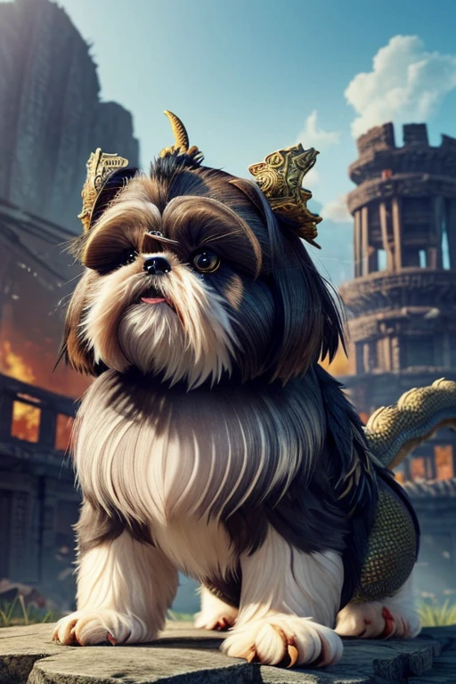 Create a (((Shi tzu Dragon hybrid)))
, blend fur and scales together, Shitzu coloring, open wing span, snarling snout, ultra detailed, masterpiece, hyper realistic, extravagant drawing, flawless rendering,  a battle torn village lies in ruins in the background, extreme detail, 
