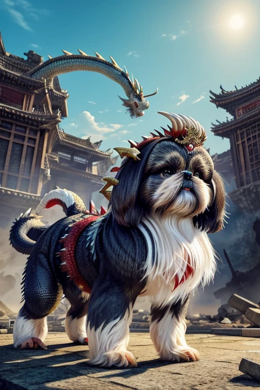 Create a (((Shi tzu Dragon hybrid)))
, blend fur and scales together, Shitzu coloring, open wing span, snarling snout, ultra detailed, masterpiece, hyper realistic, extravagant drawing, flawless rendering,  a battle torn village lies in ruins in the background, extreme detail, 
