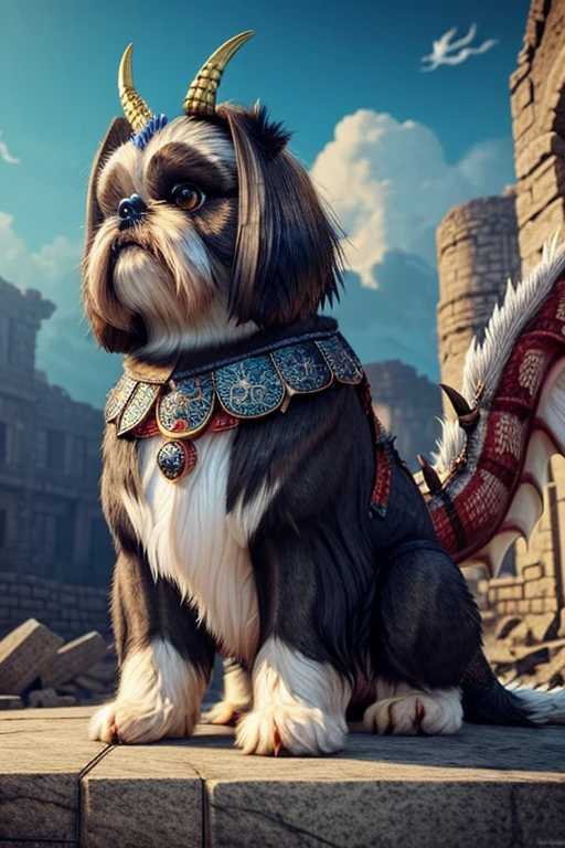Create a (((Shi tzu Dragon hybrid)))
, blend fur and scales together, Shitzu coloring, open wing span, snarling snout, ultra detailed, masterpiece, hyper realistic, extravagant drawing, flawless rendering,  a battle torn village lies in ruins in the background, extreme detail, 
