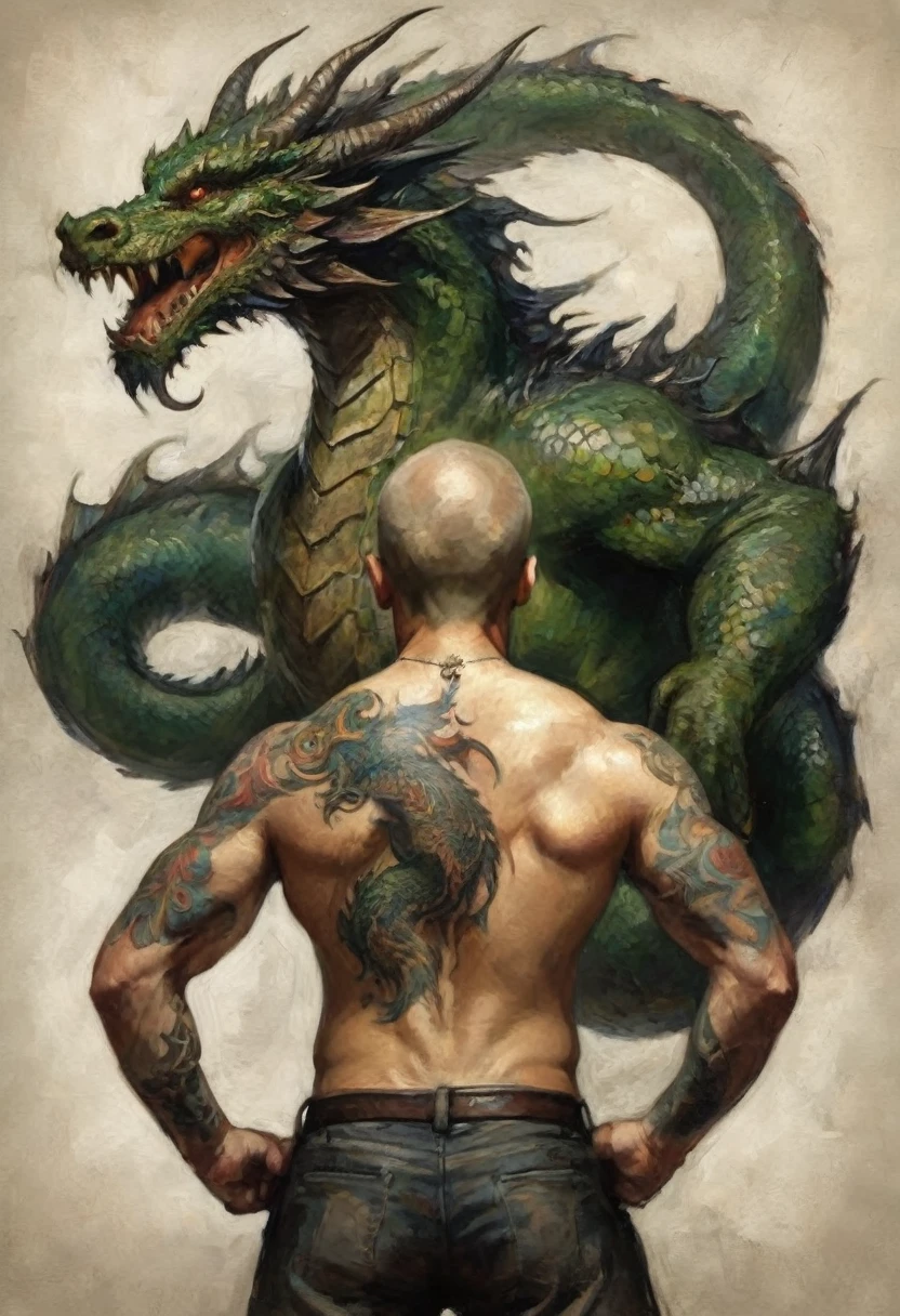A vicious man turns his back to the viewer and flexes shirtless. He has extensive dragon themed tattoos.
