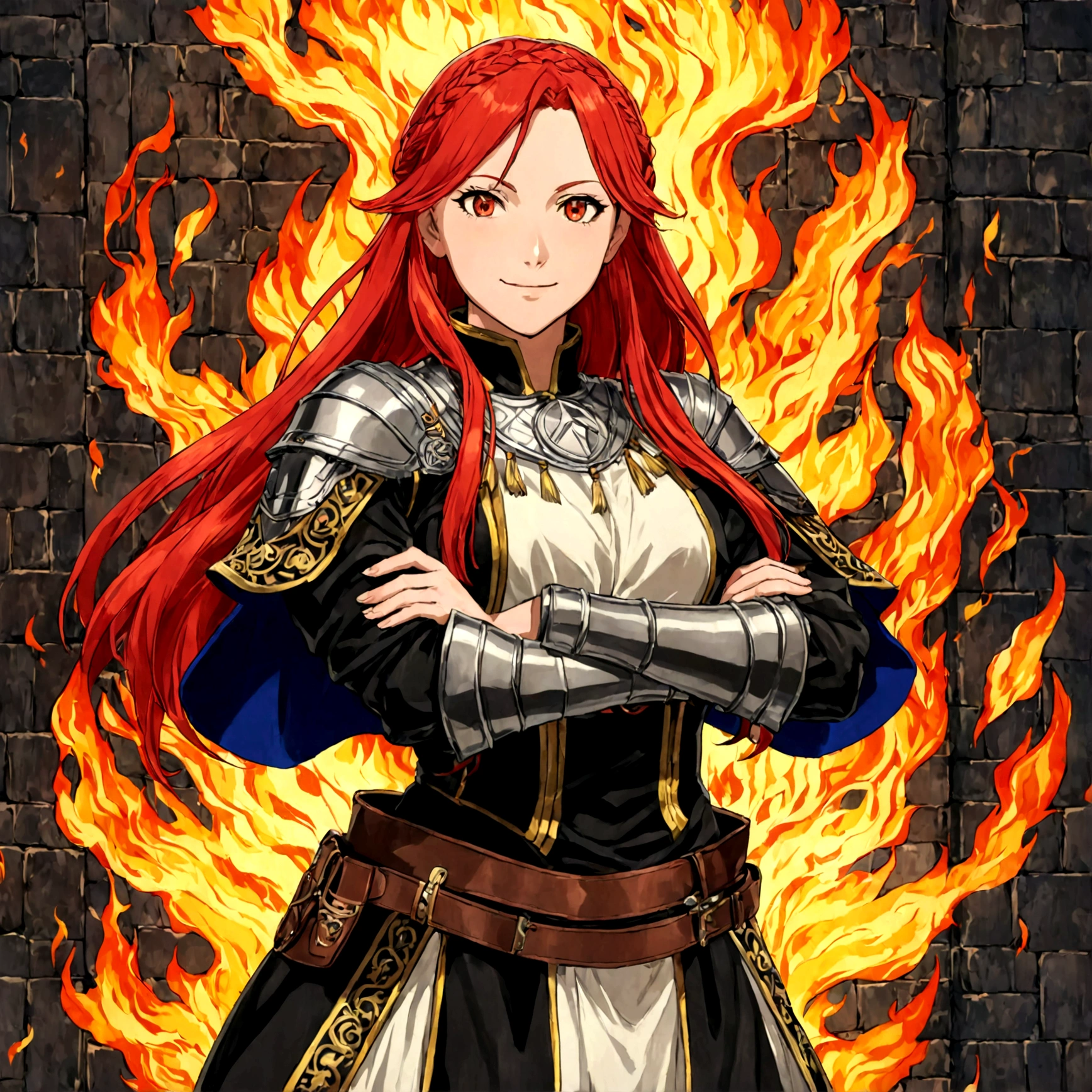 (((1 girl))) smile red cheeks, looking at viewer, cowboy shot, arms crossed, full body photo Mercedes von Martritz (Fire Emblem: Three Houses)