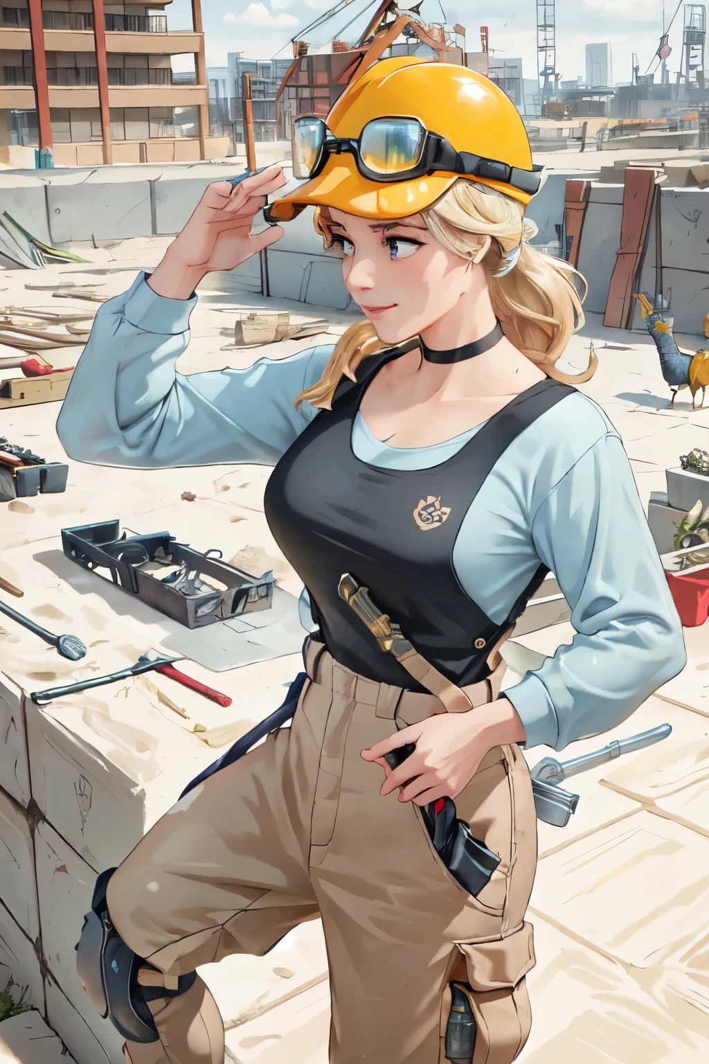 (masterpiece:1.2), (best quality), (ultra detailed), (8k, 4k, intricate),(highly detailed:1.2),(detailed face:1.2), (highly detailed background of construction site wth rebar and cranes),(portrait),detailed landscape,(action pose:1.2),Cinderella 1girl, solo, blonde hair, looking away from viewer, dress, blue eyes, black choker necklace, carpenter, woodworker, construction worker, contractor, pose in action, working pose, hammer, framing hammer, posed hammering a nail

Cinderella portrayed as a construction worker, she is hammering a nail into a lumber structure, dressed in carpenters attire, blue long sleeves, baggy cargo pants, suspenders, tools in pockets, safety goggles, work gloves, wearing a hardhat/safety helmet, durable work boots, knee pads, bandana, tattoos with mouse motif visble, sweating from brow, determined smirk, working on a construction site, tools and machinery are visble, curvy, beautiful 