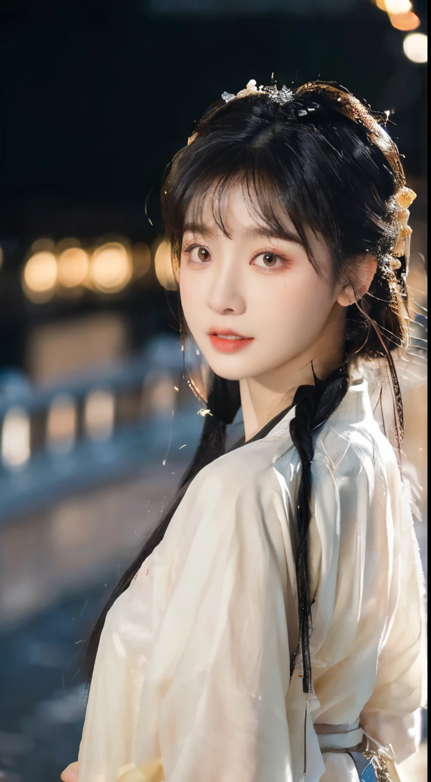 、(top quality,masterpiece:1.3,Ultra-high resolution,),(Super detailed,Caustic lines),(Reality:1.4,RAW Shooting,)Ultra-realistic capture,Very detailed,HD 16K,Suitable for human skin、 Natural skin texture、、Skin looks healthy and even-toned、 Use natural light and color,A woman,Kawaii,black hair,Medium Length Hair,(Depth of Field、Chromatic Aberration、、Wide lighting range、Natural shadows、)、(Nighttime outdoor lighting:1.4)、(Snow Scene:1.2)、(Hair blowing in the wind:1.1)(photoPractical, best quality, Ultra-high resolution, Extremely detailed eyes and face:1.3),(1 Girl, Solitary:1.3),On a wooden boat,Black Hair,Practical,long hair,Jewelry,Upper Body,White see-through Hanfu,Vague,earrings,Lips,Chinese clothes,Hair accessories,black eyes,Vague background,looking off to the side,Shut up,